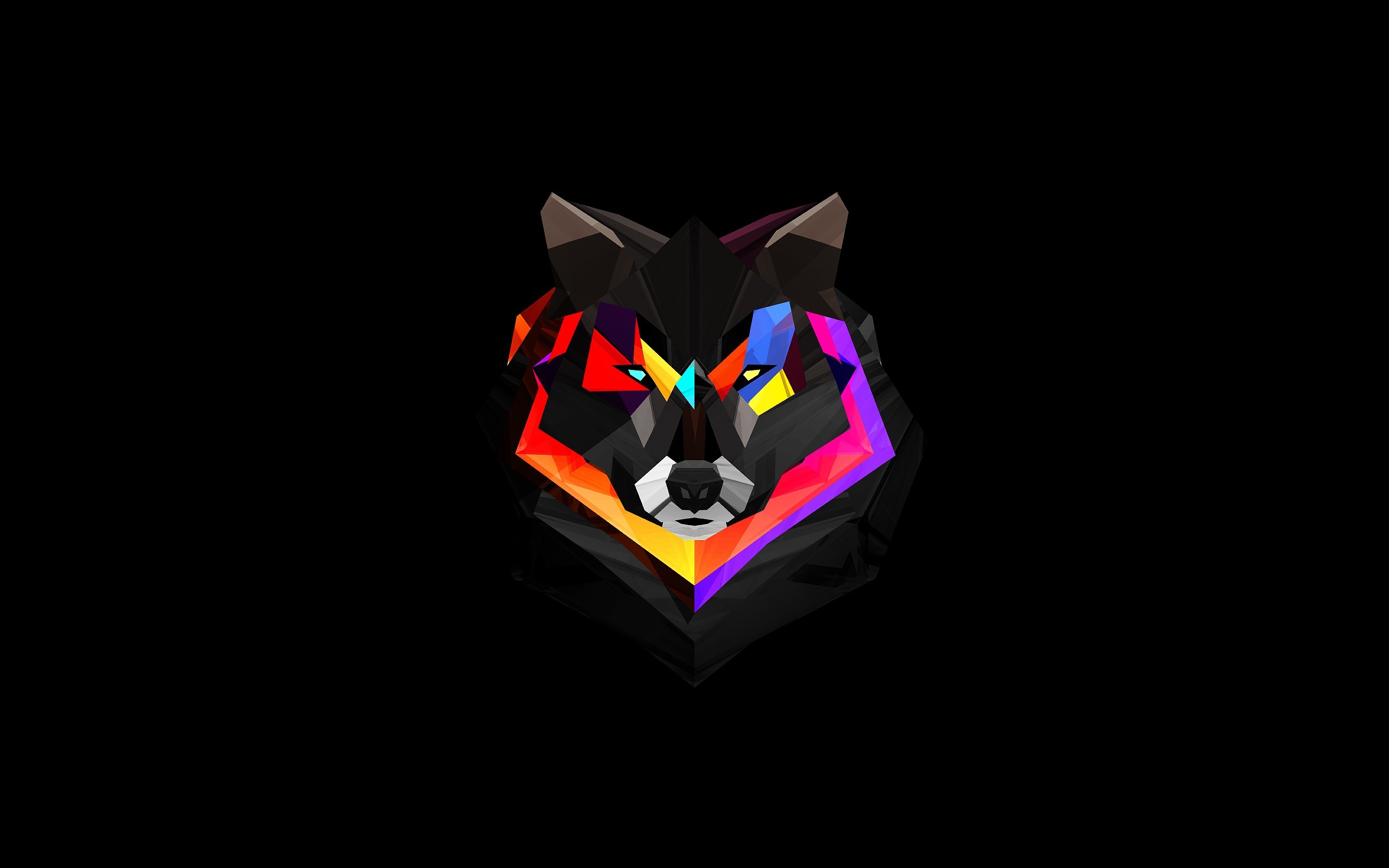 Lupo, Low poly, Colori neon, Sfondo nero, 2560x1600, wallpaper desktop