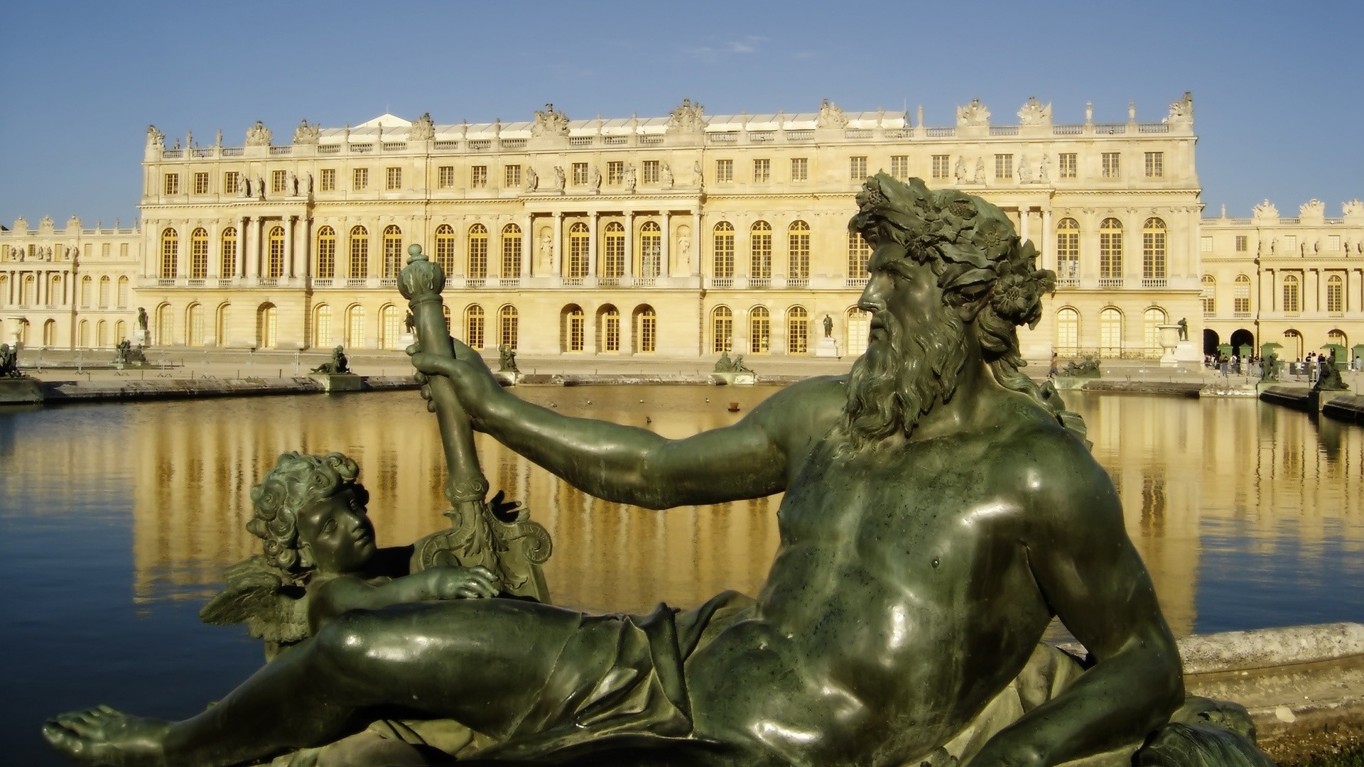 Reggia di Versailles, Versailles, Francia, Statua in bronzo, Fontana, sfondo widescreen Full HD