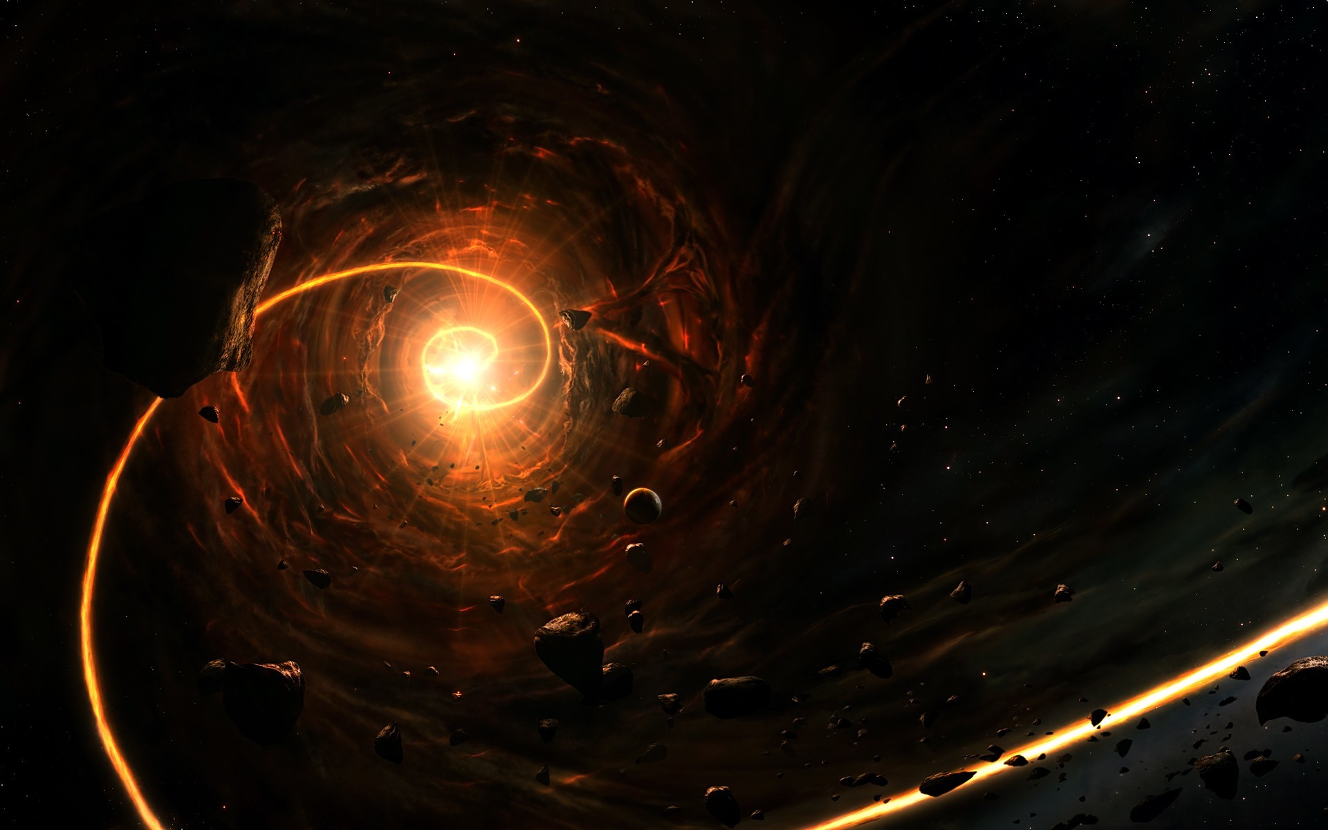 Buco nero, Vortice, Asteroidi, Arancione, Spazio, Full HD, wallpaper desktop