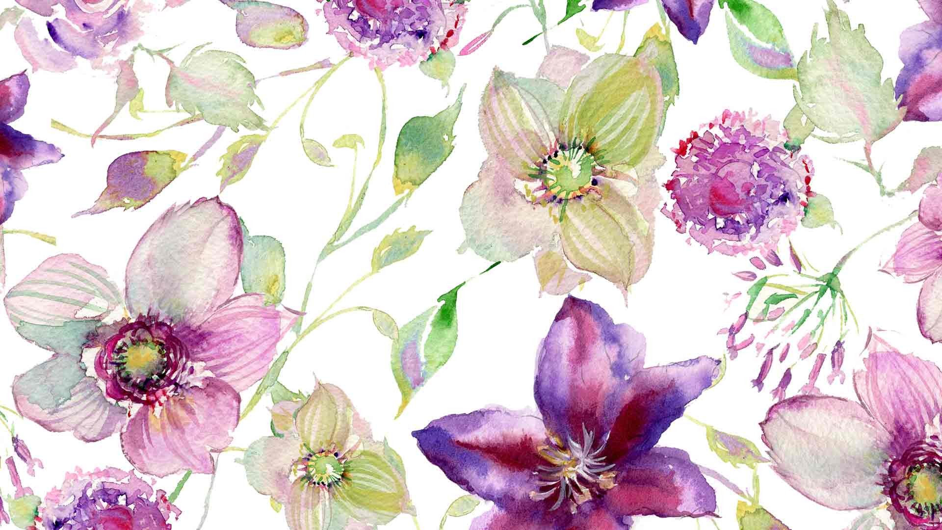 Elleboro, Clematide, Motivo floreale, Acquerello, Viola, Full HD, wallpaper per PC