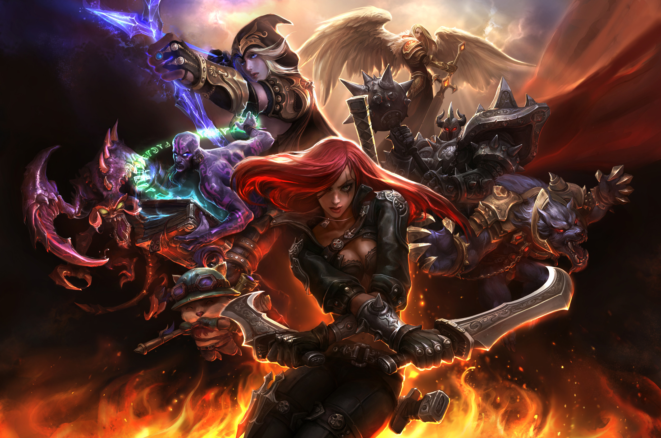 League of Legends, Katarina, Battaglia, Fuoco, Full HD, sfondo Windows 11