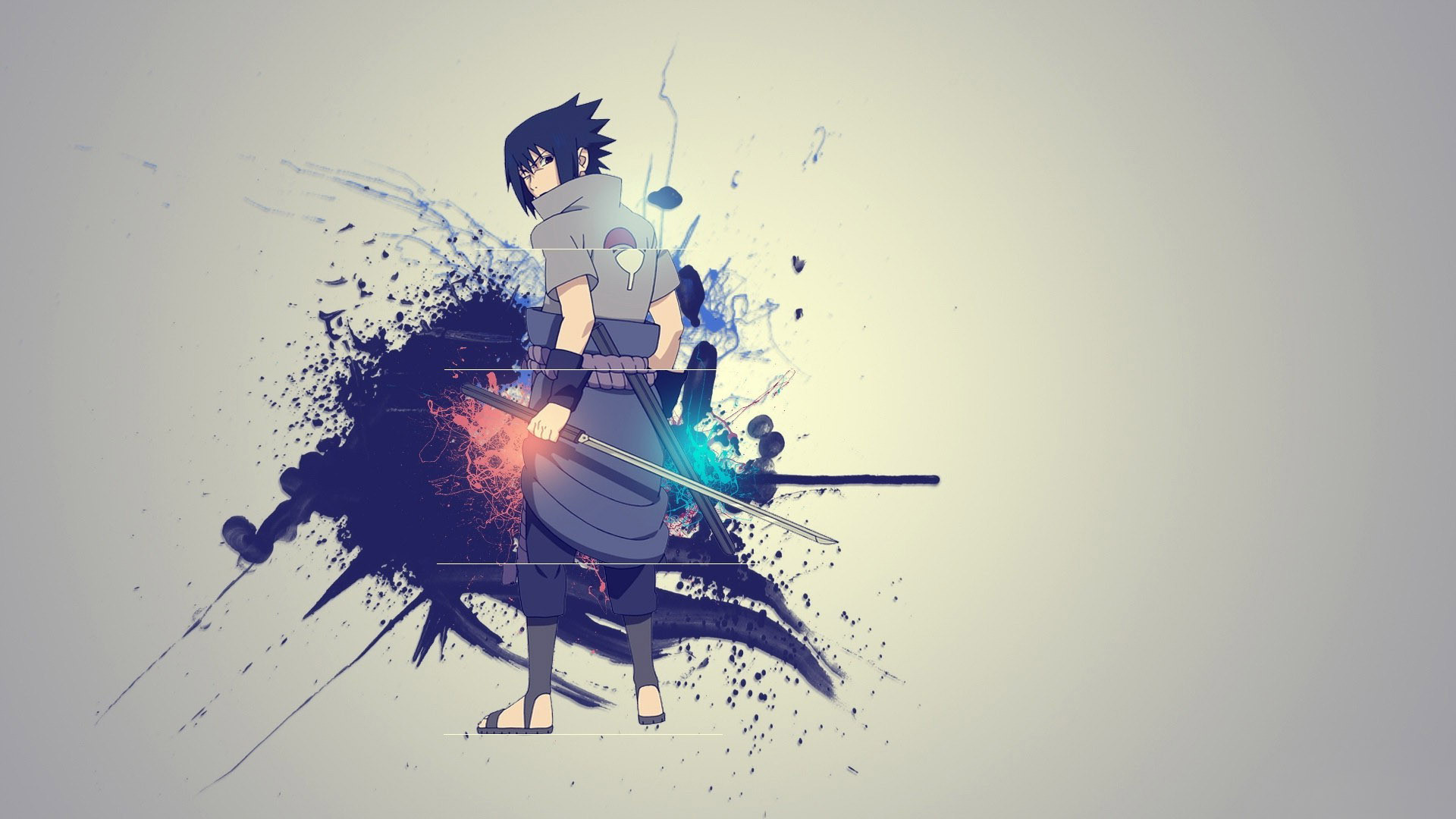 Sasuke Uchiha, Naruto, Schizzi d'inchiostro, Katana, Full HD, sfondo per PC e portatile