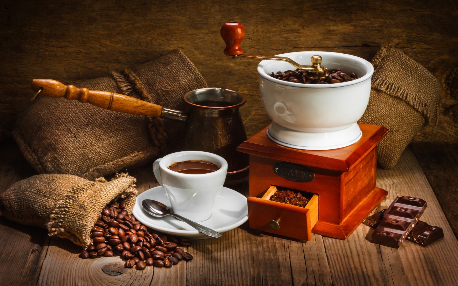 Macinacaffè, Cezve, Tazza di caffè, Sacco di juta, Cioccolato, Full HD, sfondo per PC