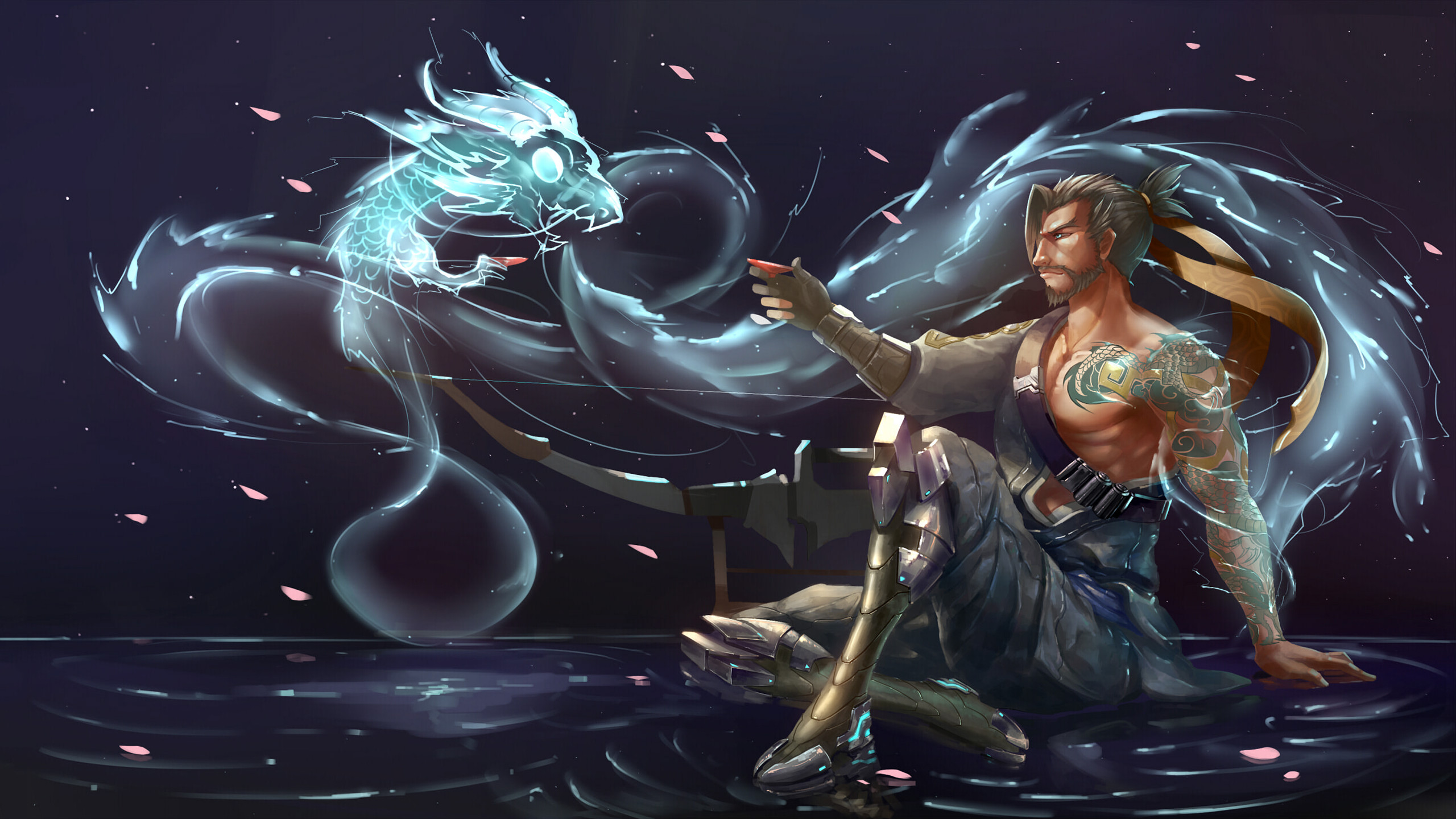 Hanzo, Overwatch, Drago spirituale, Tatuaggio, 2560x1440, immagine di sfondo