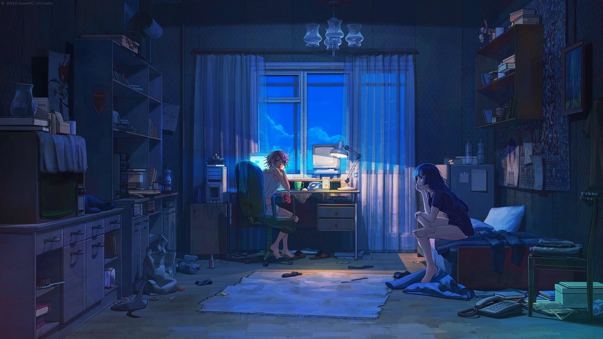 Paesaggio anime, Camera, Notte, Interno, Full HD 1080p, sfondo desktop