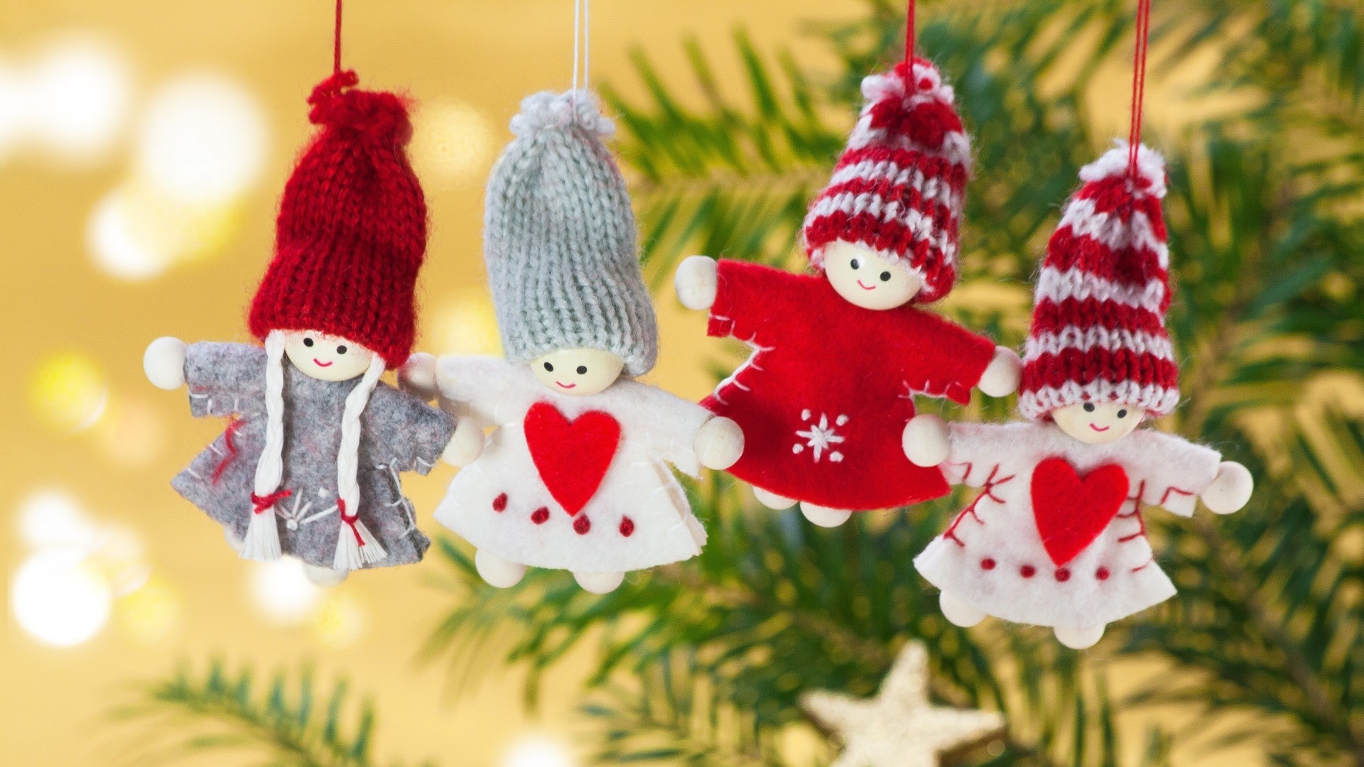 Natale, Bambole di lana, Cuori, Decorazioni, 1920x1080, sfondo per PC