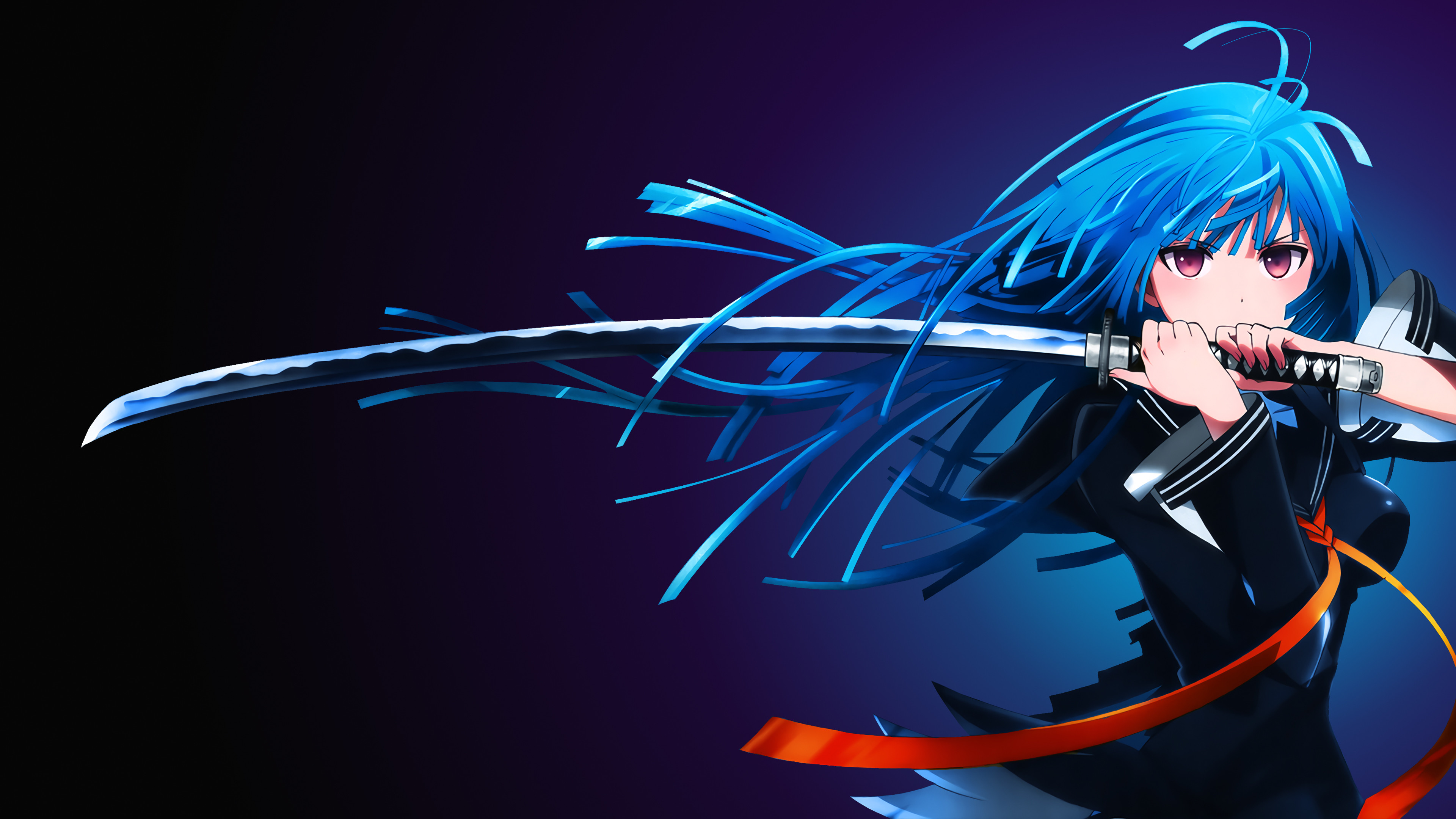 Katana, Ragazza anime, Capelli blu, Illustrazione, 4K, sfondo per portatile