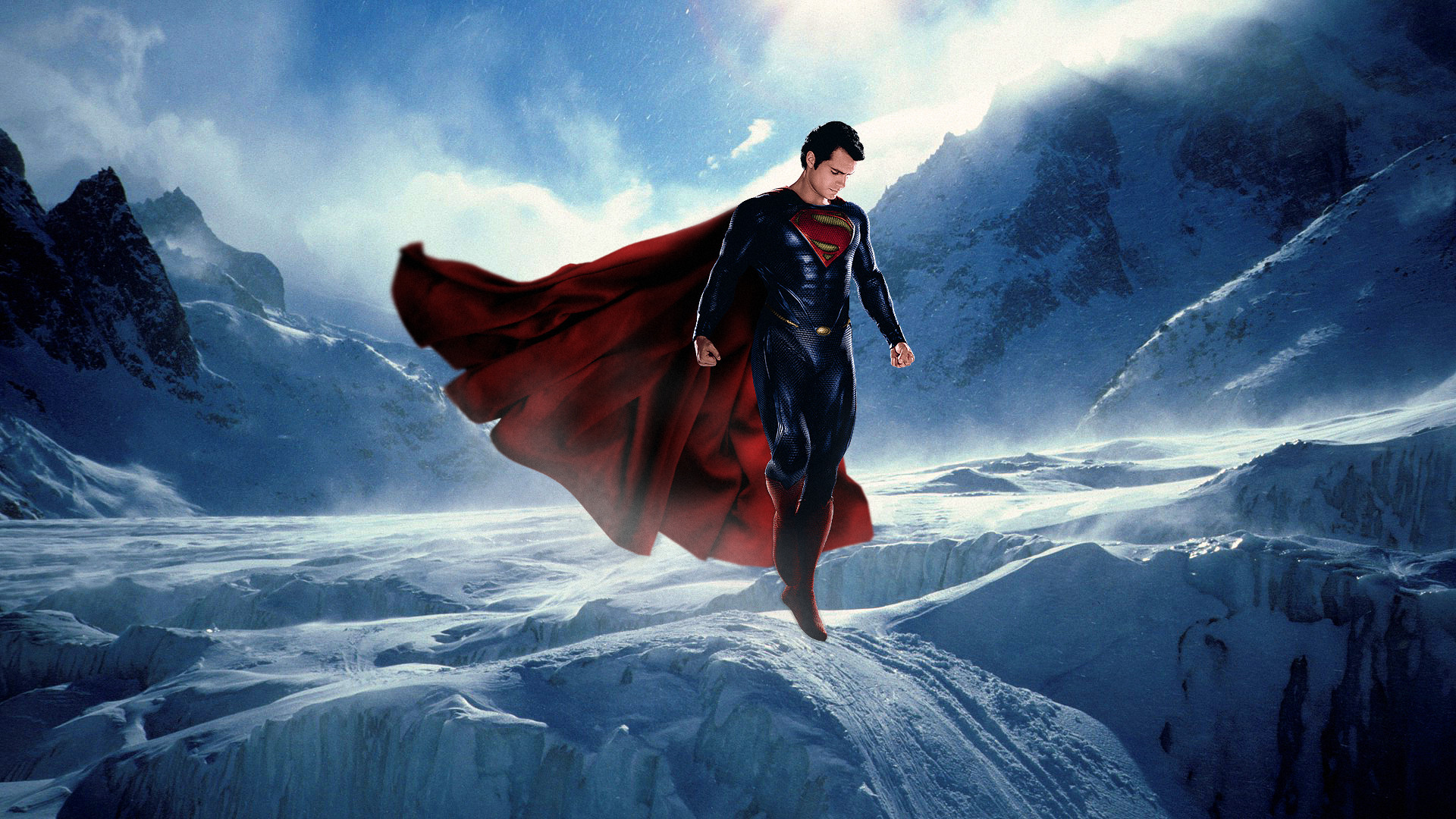 Henry Cavill, Superman, L'uomo d'acciaio, Ghiacciaio, Neve, Mantello, sfondo 16:9 Full HD