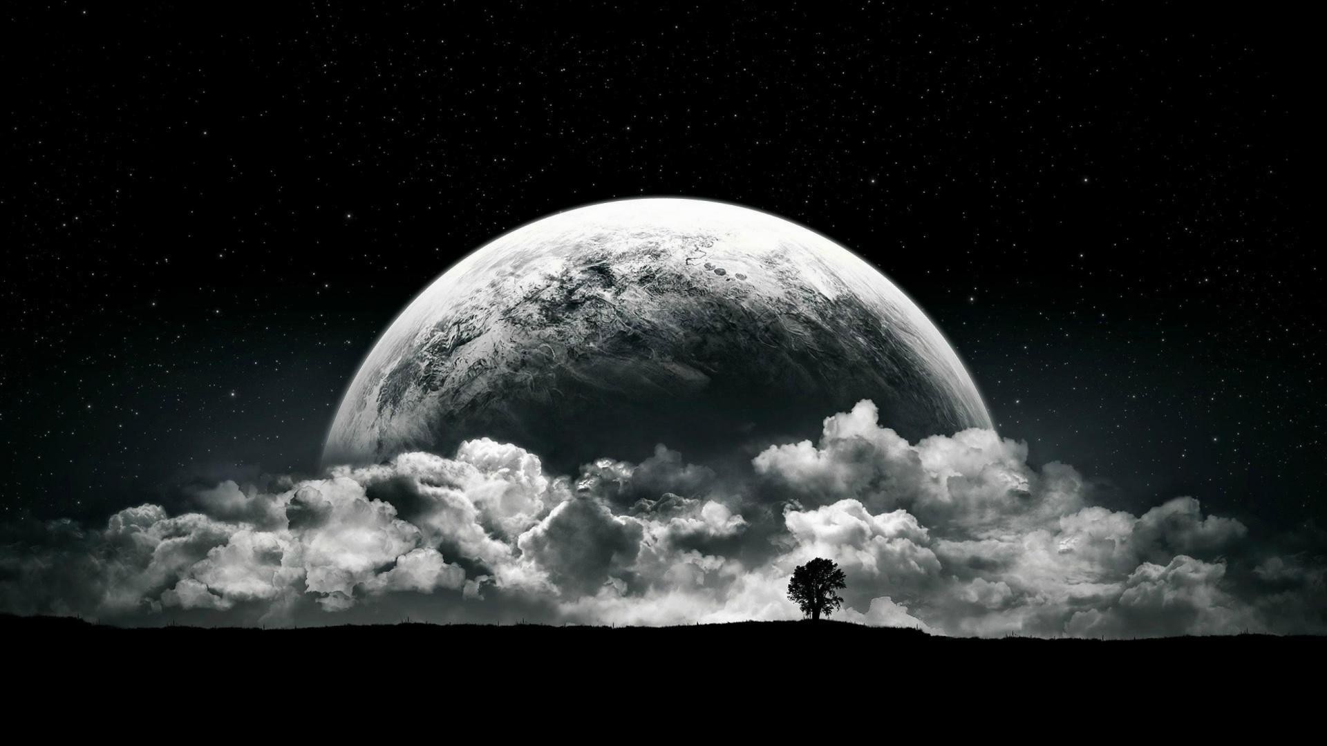Luna gigante, Nuvole, Albero solitario, Notte, 1920x1080, immagine di sfondo