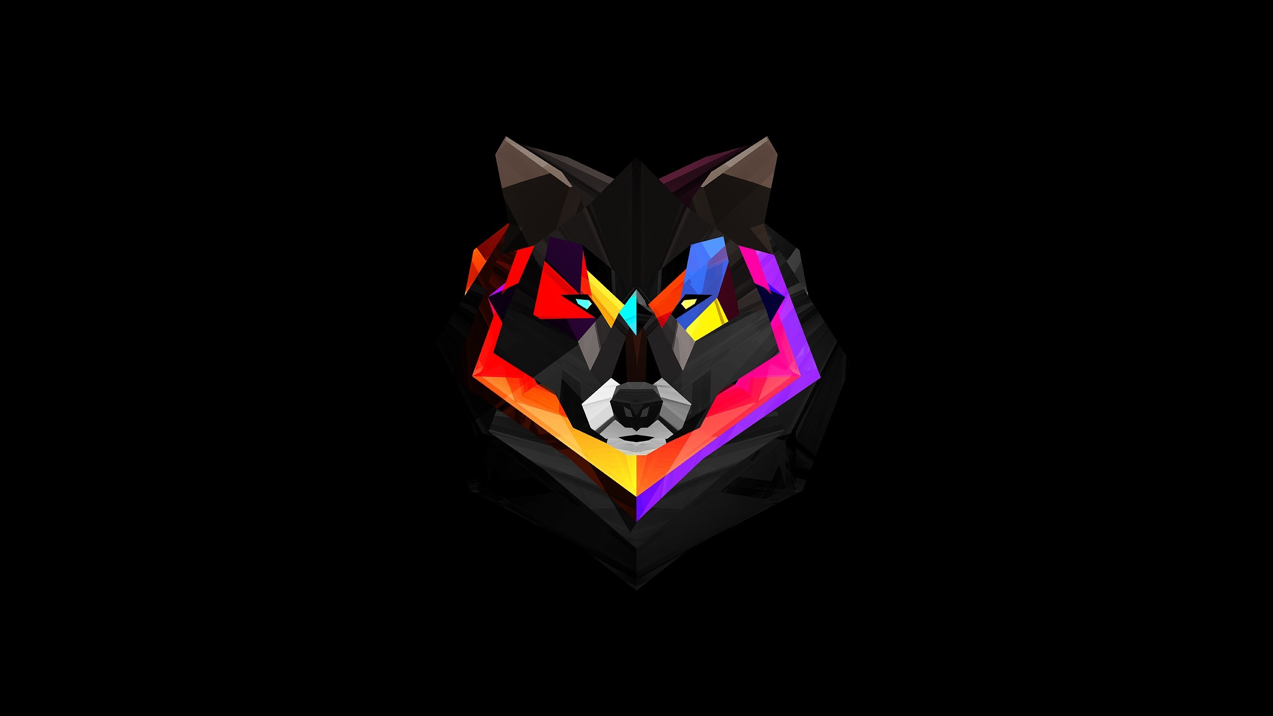 Low poly, Lupo, Multicolore, Sfondo nero, 2K, wallpaper per computer