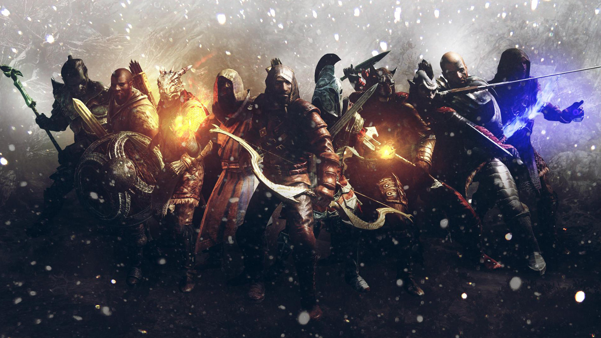 The Elder Scrolls V: Skyrim, Guerrieri, Gruppo, Neve, 16:9 Full HD, sfondo widescreen
