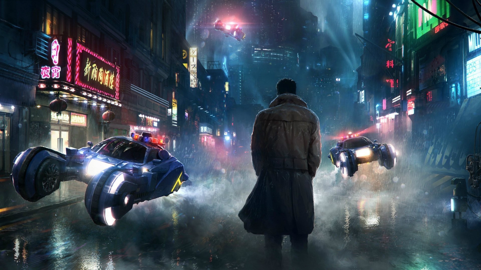 Blade Runner 2049, Spinner, Città cyberpunk, Pioggia, Neon, Full HD, wallpaper per computer