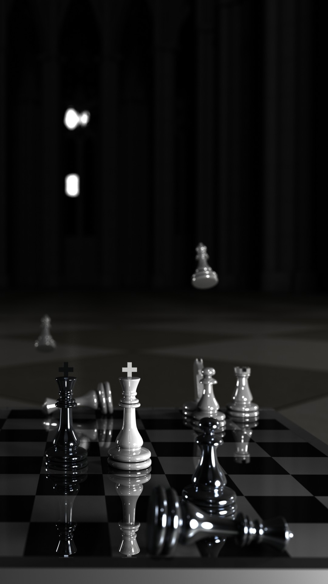 Scacchiera, Pezzi degli scacchi, Sfondo nero, Riflesso, Full HD, wallpaper per smartphone