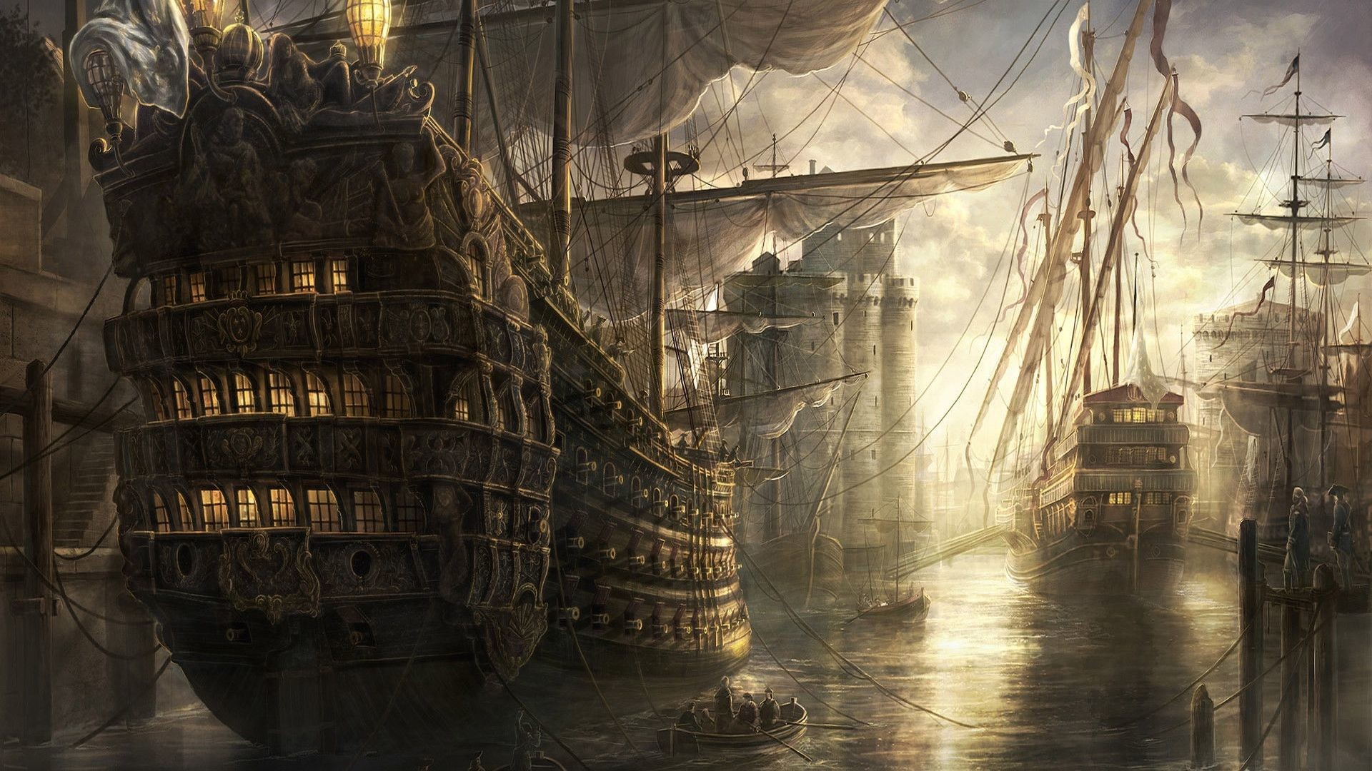 Galeoni, Porto, Navi a vela, Nebbia, Arte fantasy, Full HD, wallpaper per portatile