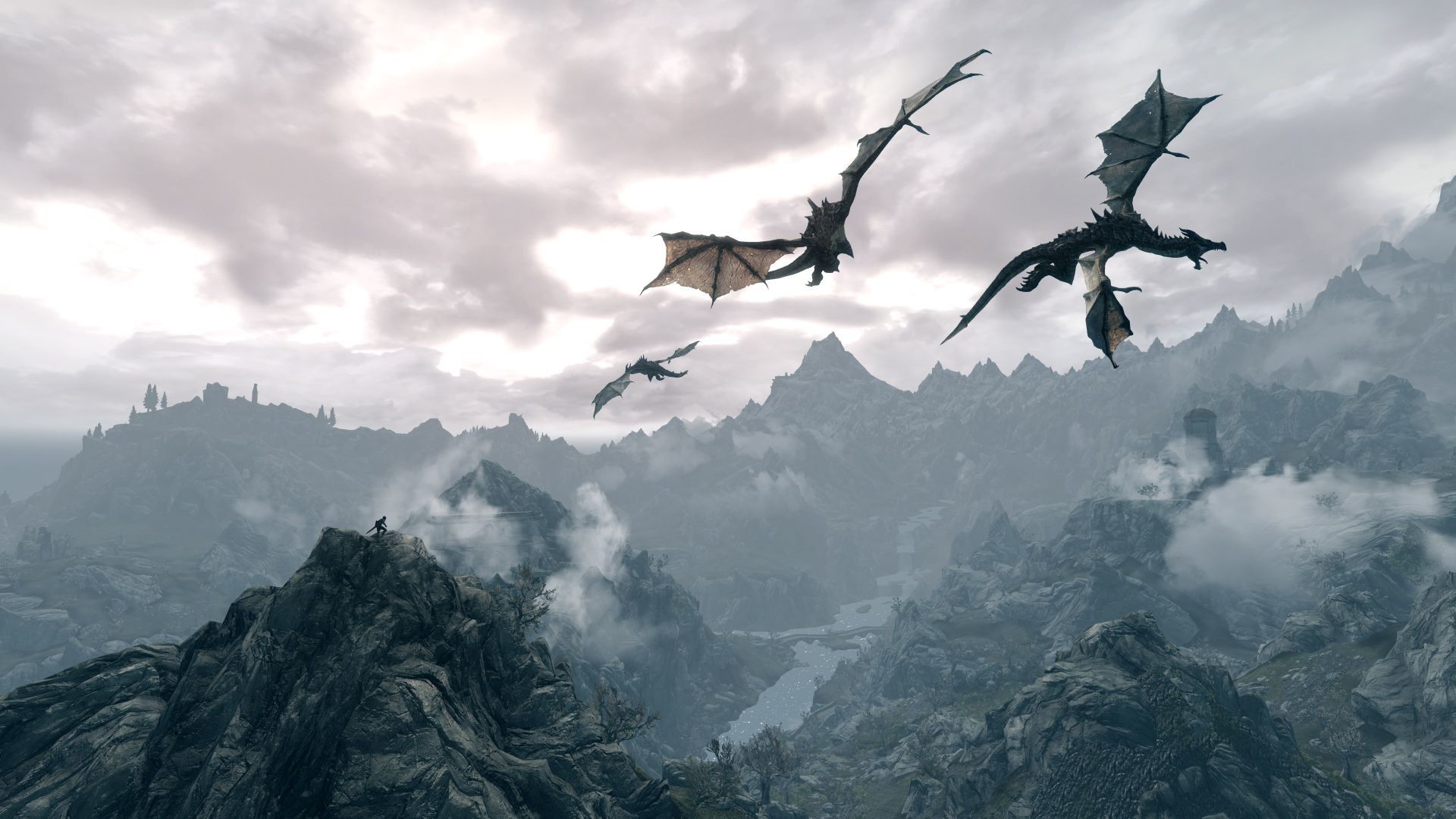 The Elder Scrolls V: Skyrim, Draghi, Montagne, Nuvole, Full HD, sfondo per PC