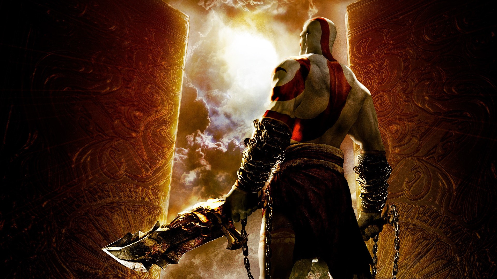 Kratos, God of War, Lame del Caos, Luce, Toni dorati, Full HD, sfondo Windows 11