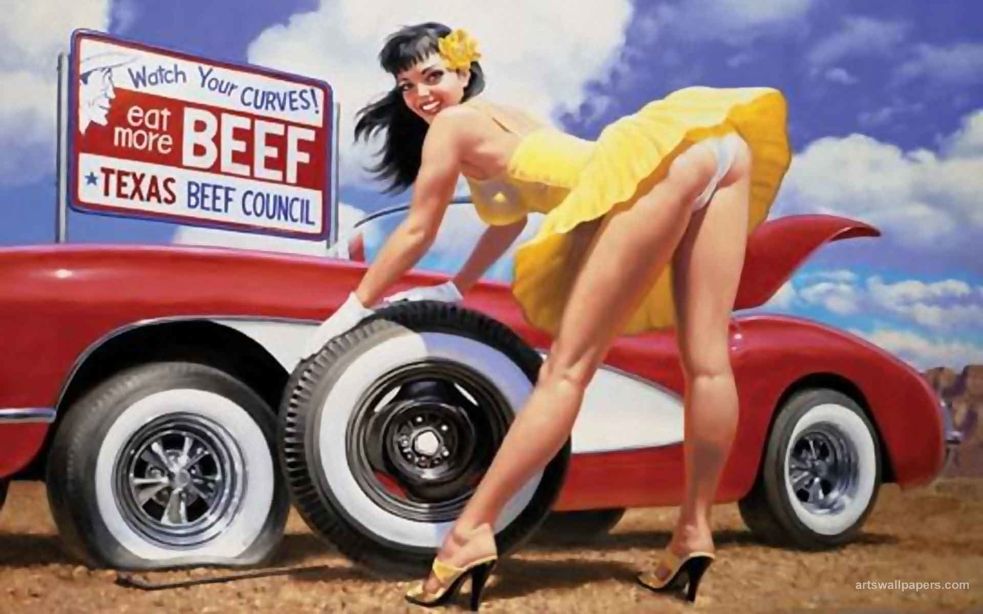 Pin-up, Chevrolet Corvette C1, Texas Beef Council, Gonna gialla, Retrò americano, immagine di sfondo