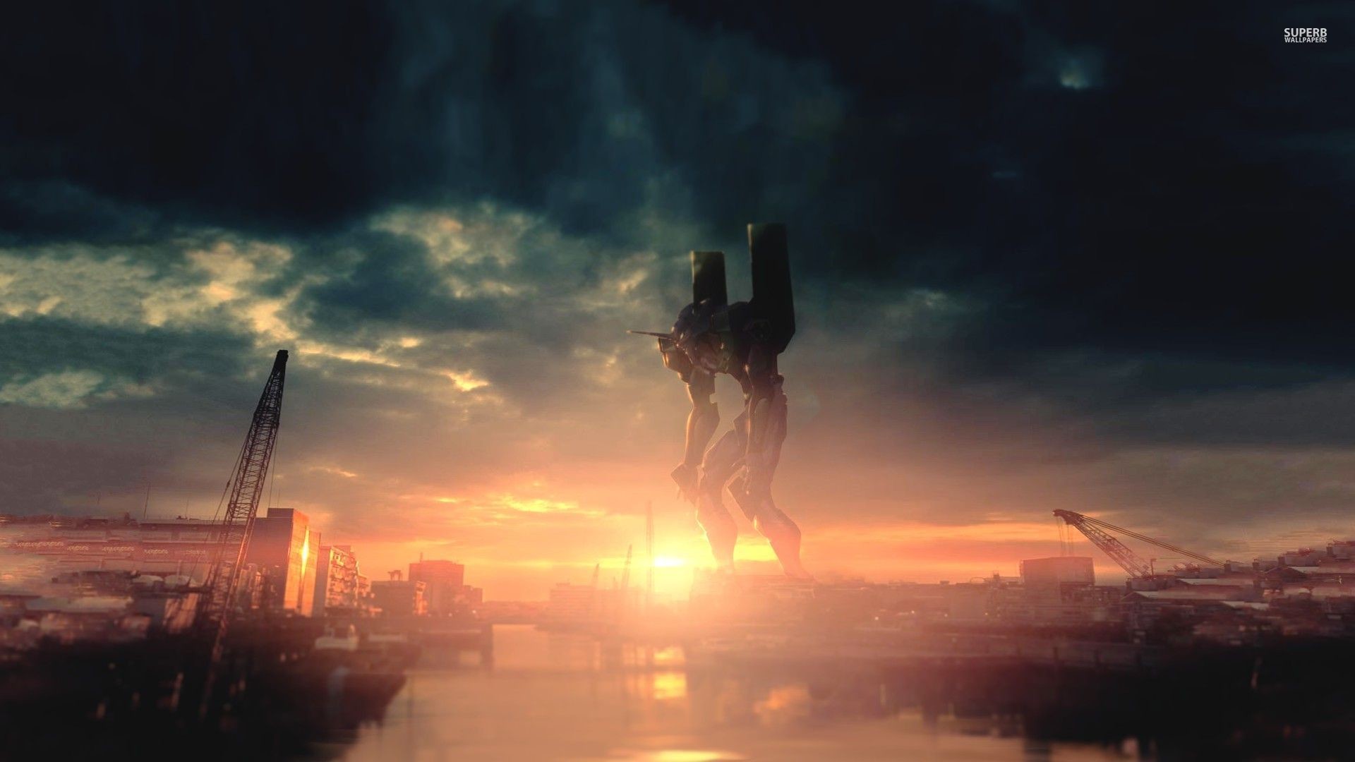 Evangelion Unità-01, Neon Genesis Evangelion, Tramonto, Città, 1920x1080, sfondo per PC