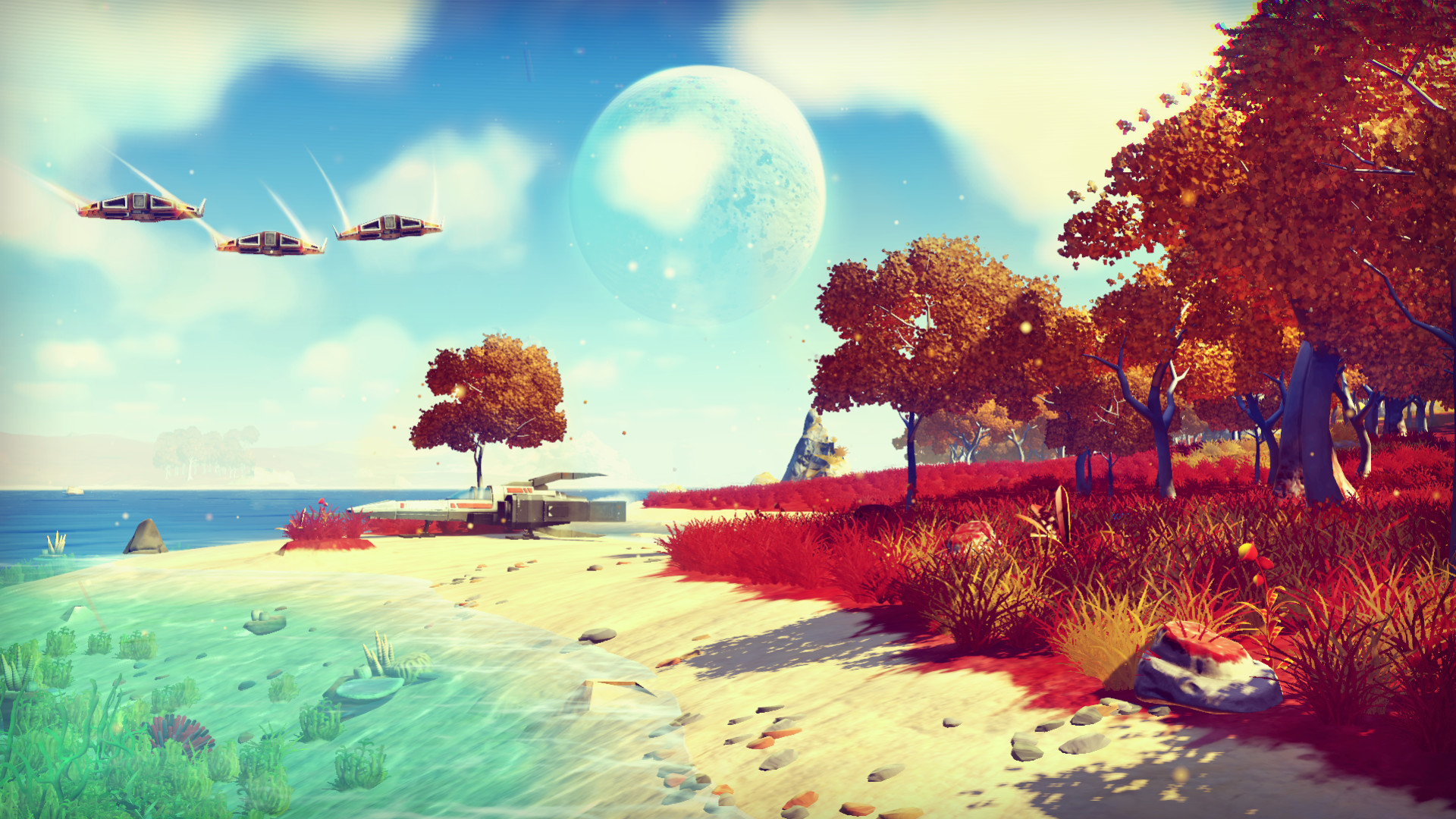 No Man's Sky, Spiaggia aliena, Astronavi, Pianeta, Alberi rossi, sfondo Full HD per computer