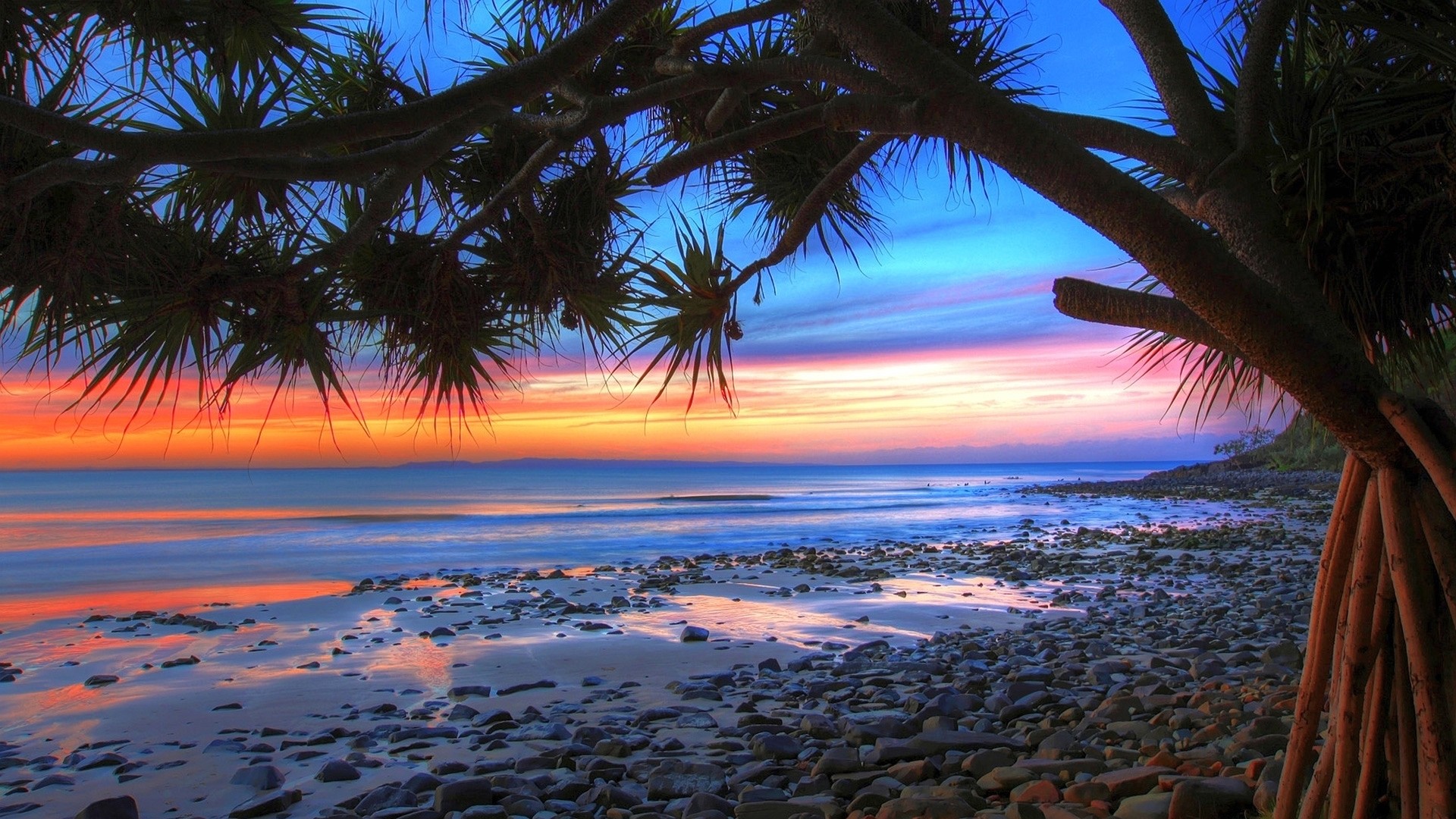 Pandano, Tramonto, Spiaggia, Ciottoli, Full HD 1080p, sfondo desktop