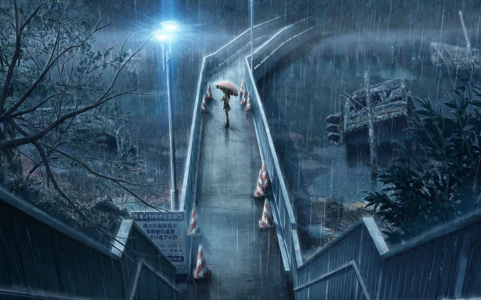 Pioggia, Ponte pedonale, Lampione, Anime, 1920x1200, immagine di sfondo