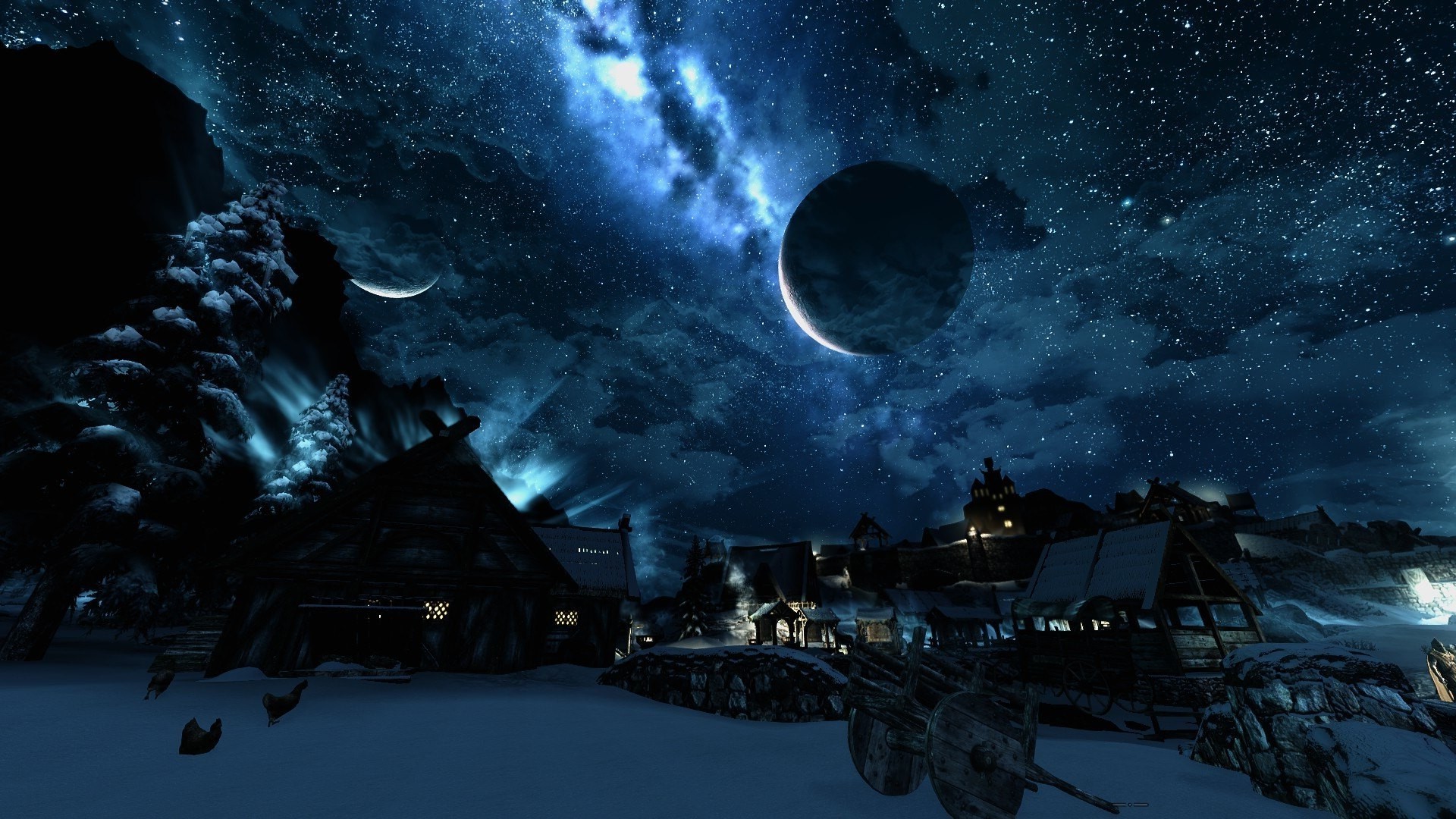 The Elder Scrolls V: Skyrim, Cielo stellato, Lune, Villaggio, Notte, sfondo widescreen Full HD