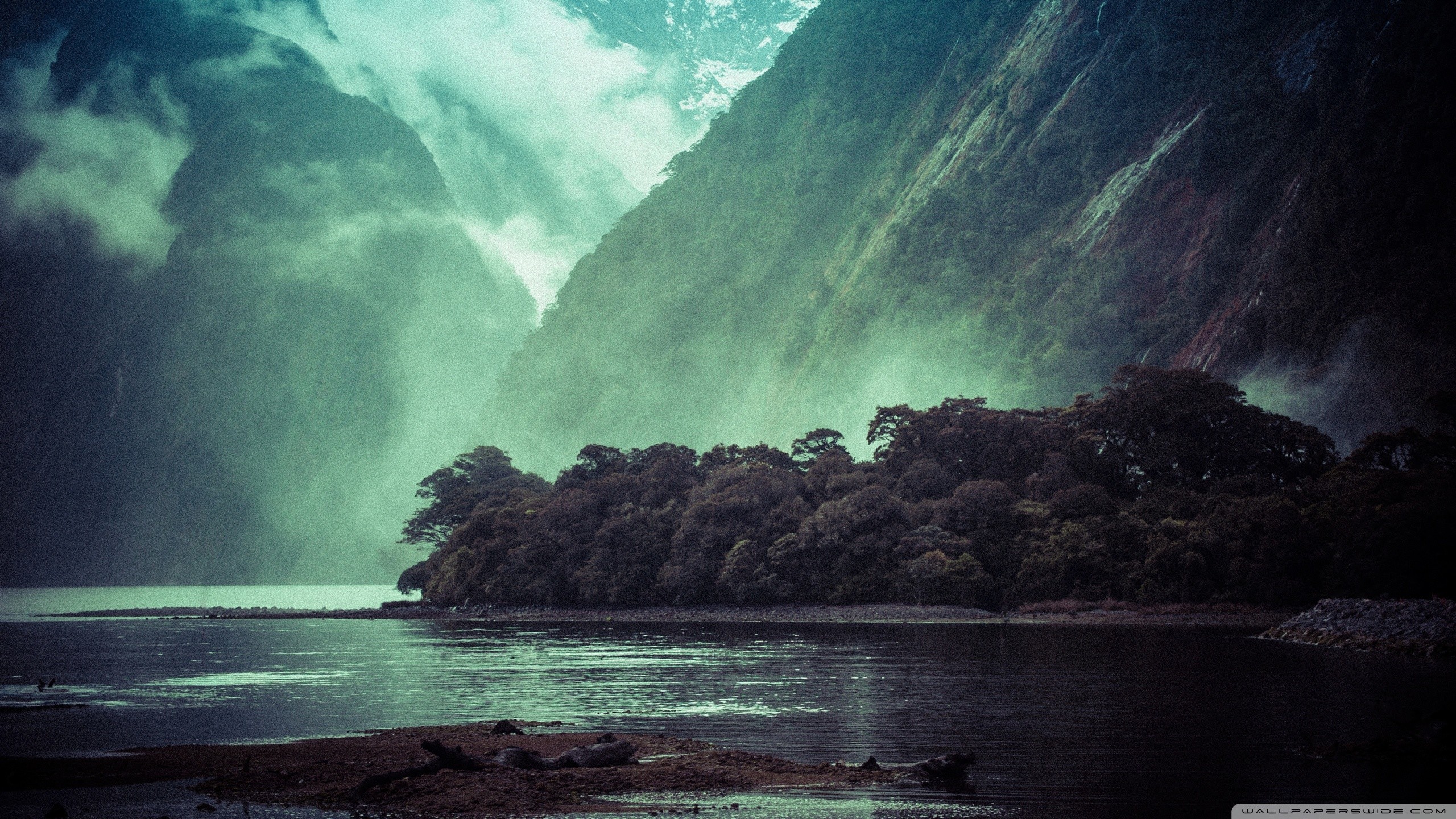 Milford Sound, Fiordo, Montagne, Foresta, Nebbia, 2560x1440, immagine di sfondo