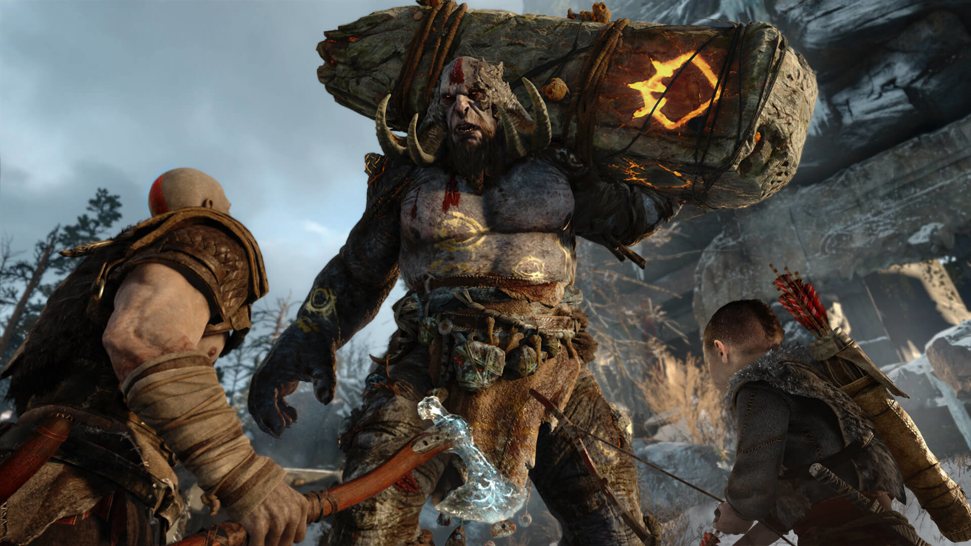 Kratos, Atreus, God of War (2018), Troll, Battaglia, 1920x1080, immagine di sfondo