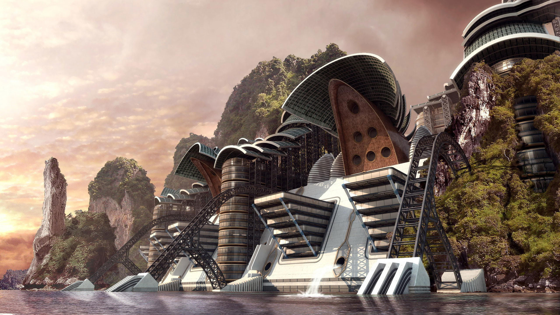 Architettura futuristica, Scogliera, Edificio sul mare, Fantascienza, sfondo desktop Full HD