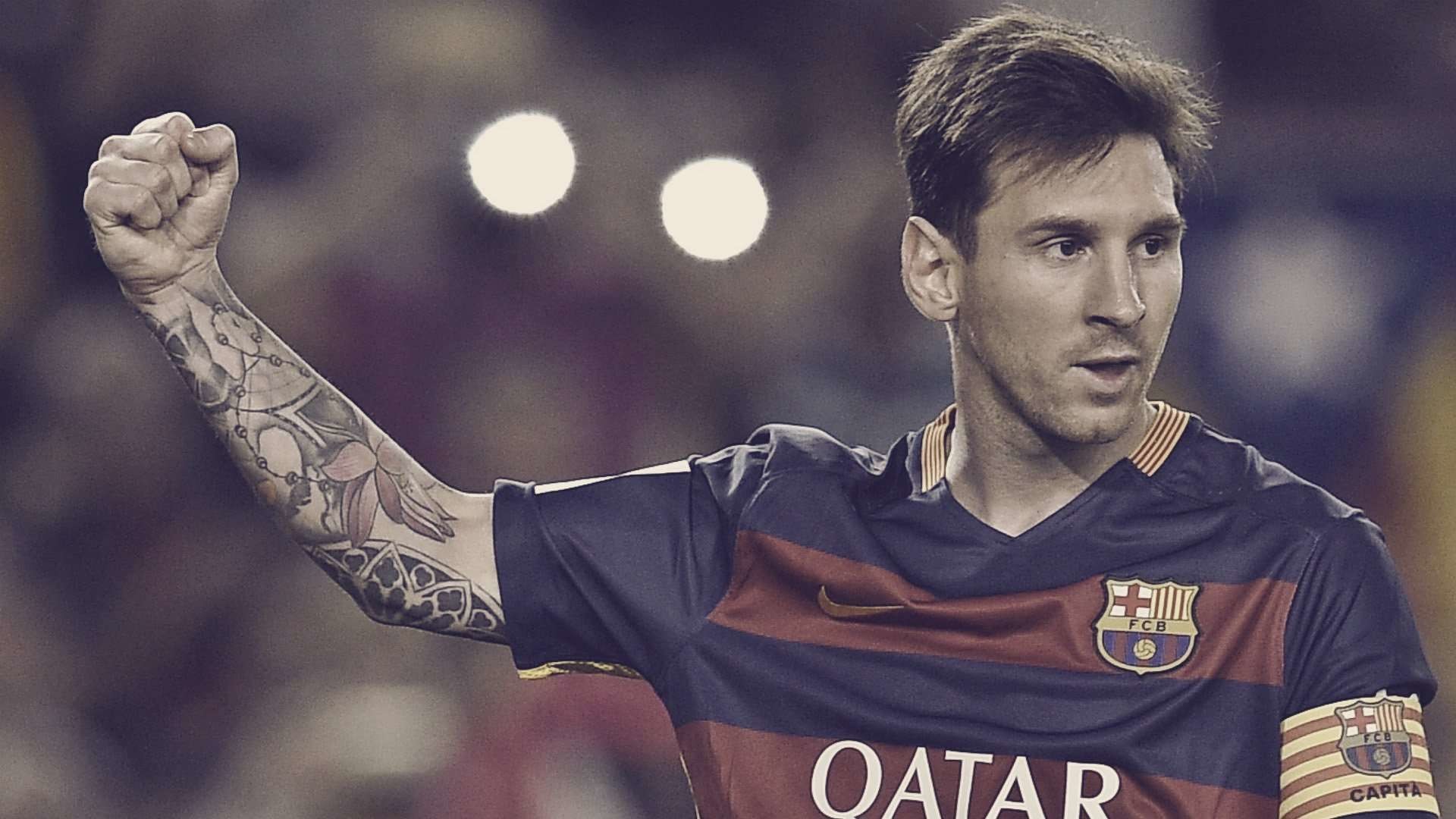 Lionel Messi, FC Barcelona, Tatuaggio, Esultanza, Bokeh, Full HD 1080p, sfondo desktop