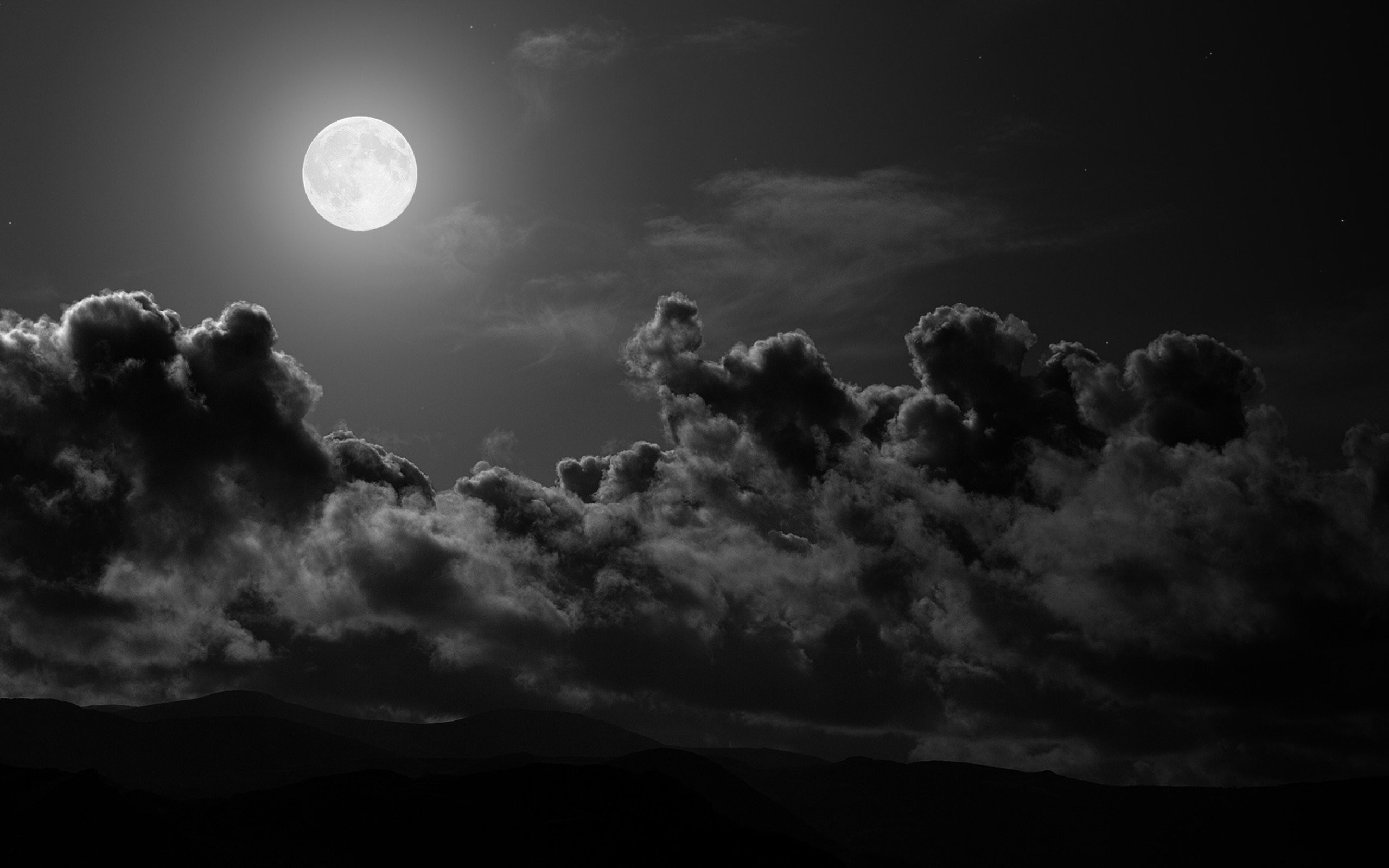 Luna piena, Nuvole, Bianco e nero, 2K, wallpaper per PC