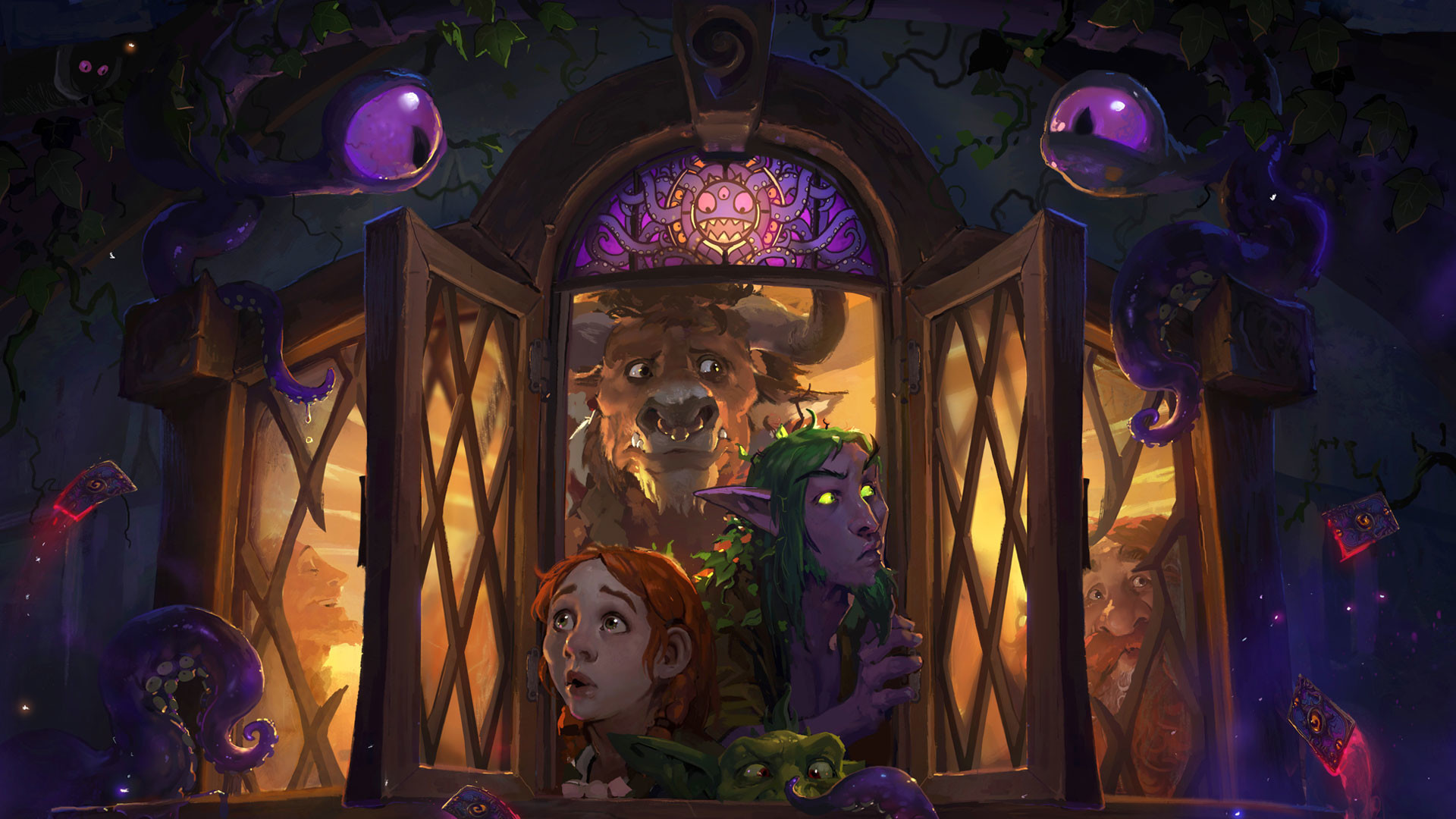 Hearthstone, Le Streghe di Boscotetro, Taverna, Vetrata, Viola, Full HD 1080p, sfondo desktop