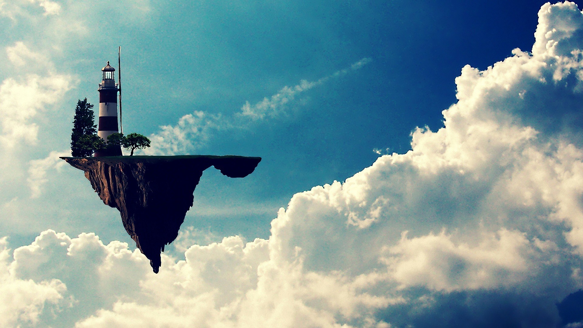Gorillaz, Isola volante, Faro, Nuvole, Cielo azzurro, 1920x1080, sfondo per PC