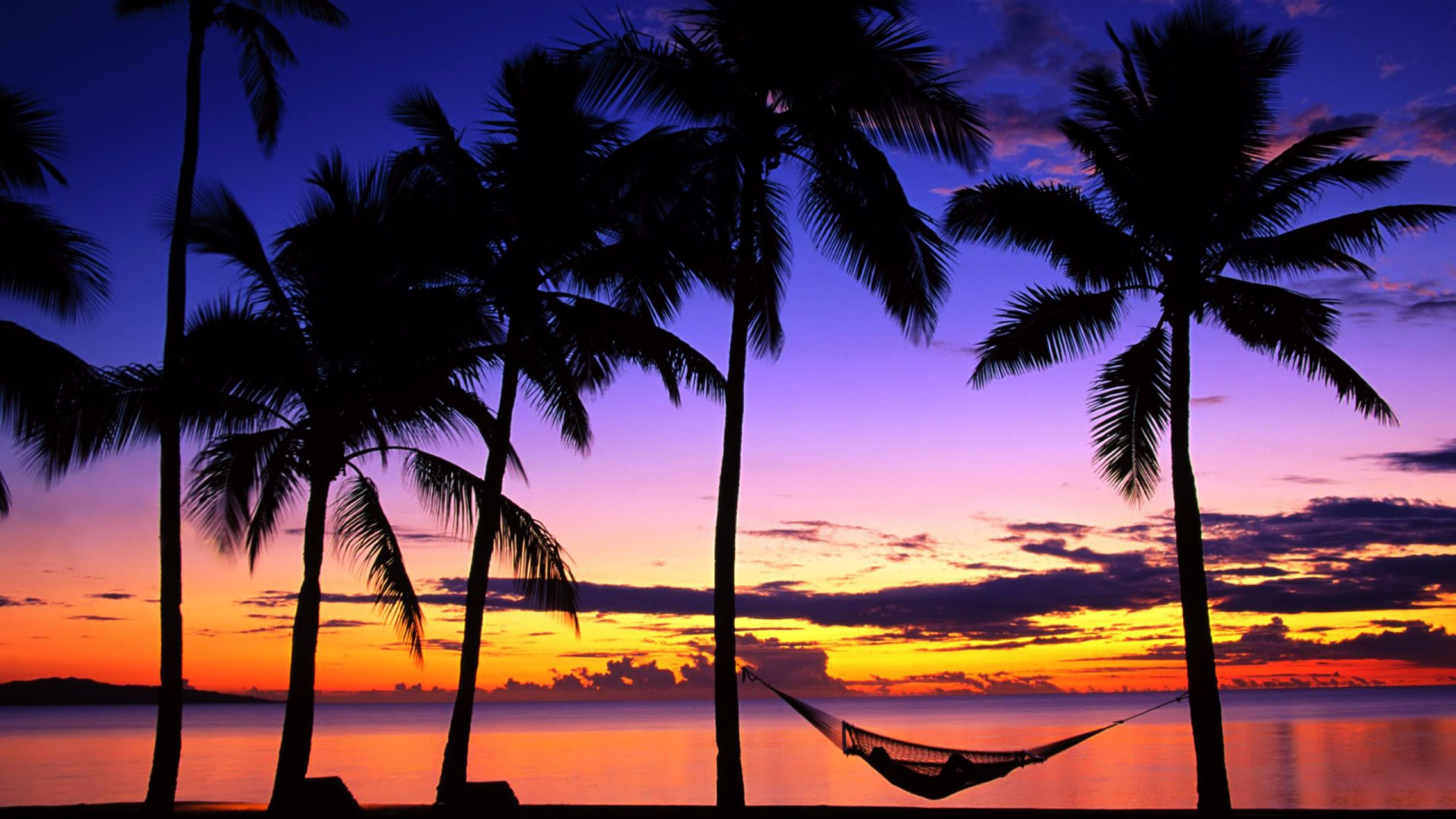 Palme, Amaca, Spiaggia tropicale, Tramonto, Silhouette, 3840x2160, immagine di sfondo