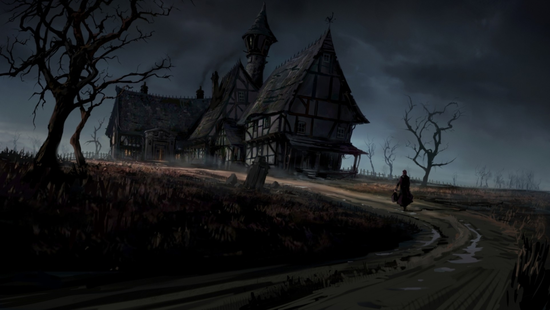 Casa infestata, Alberi spogli, Strada, Notte, Full HD, sfondo per PC