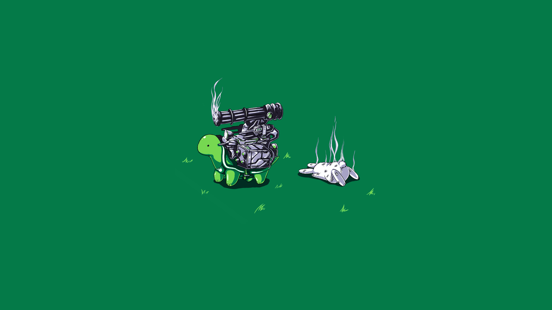 Tartaruga, Minigun, Illustrazione, Sfondo verde, Minimalista, Full HD, wallpaper per PC