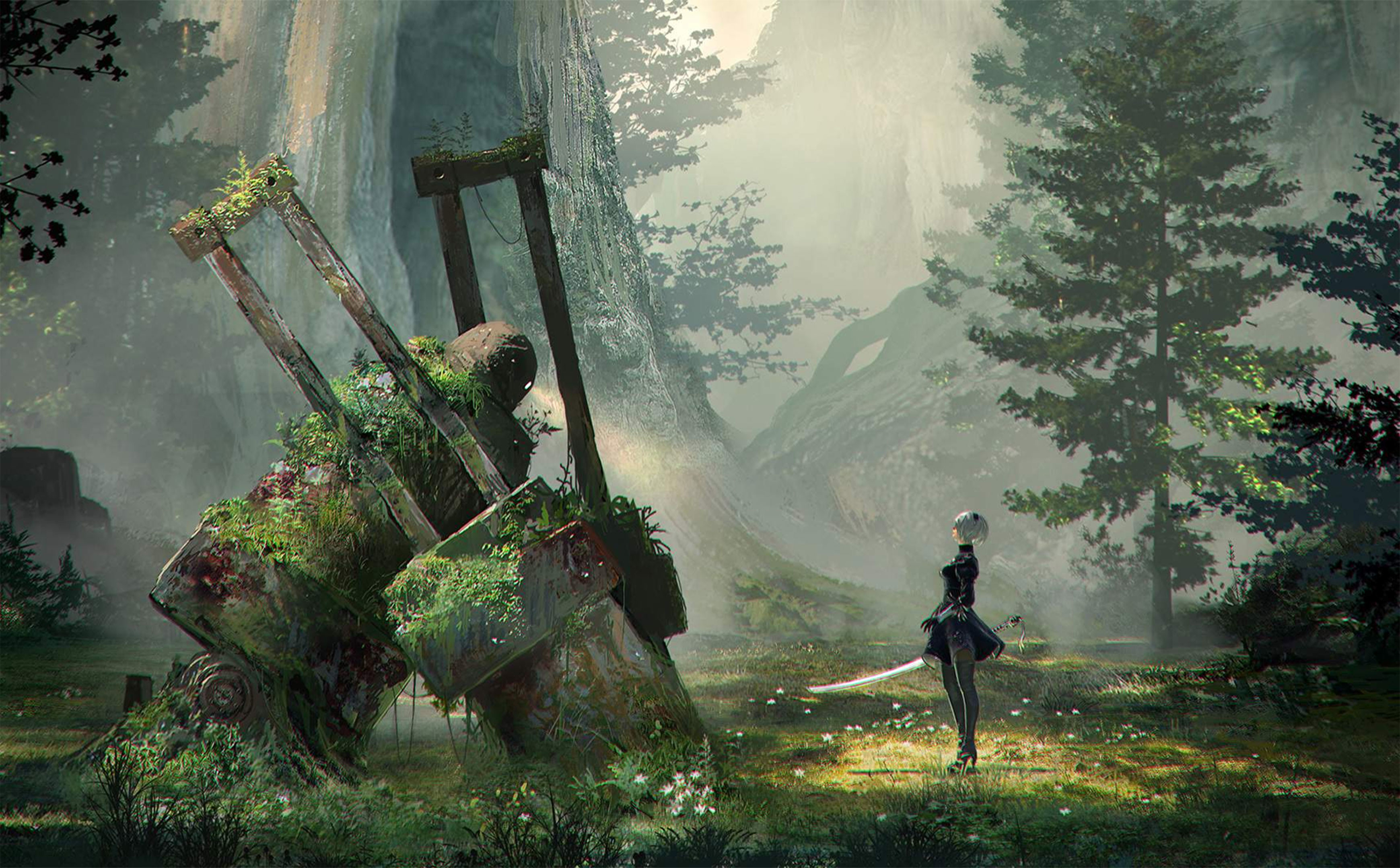 2B, NieR: Automata, Rovine, Foresta, Robot, 2K, sfondo per PC