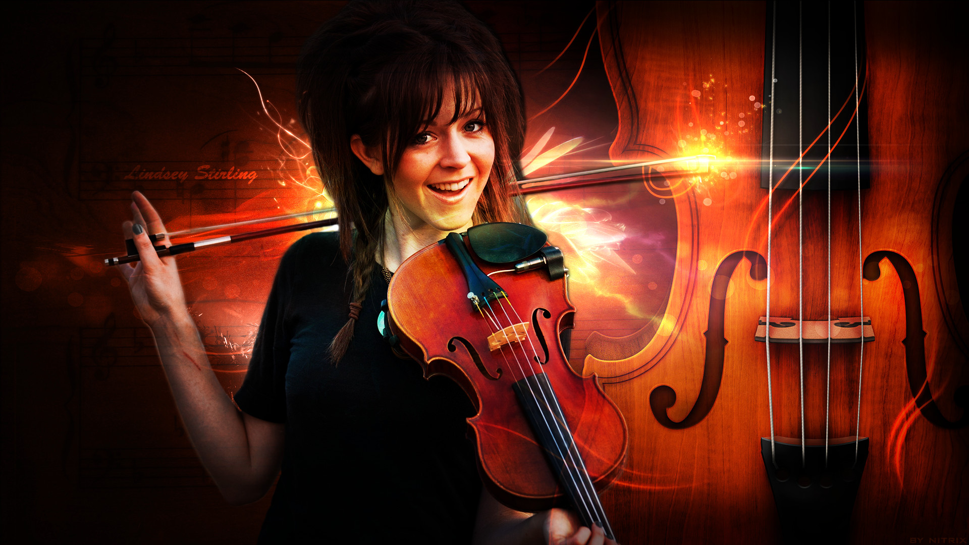Lindsey Stirling, Violino, Arte digitale, Toni caldi, 1920x1080, wallpaper desktop