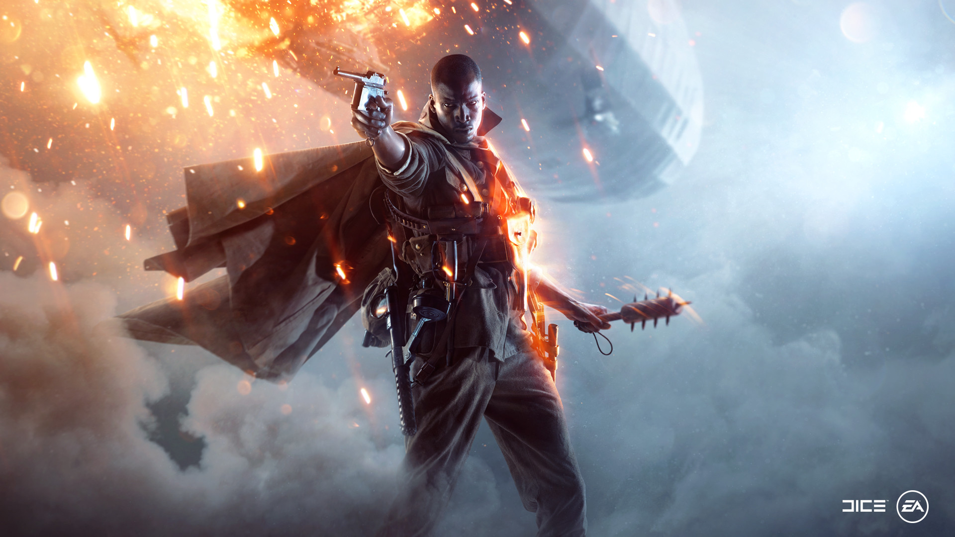 Battlefield 1, Soldato Harlem Hellfighters, Mazza da trincea, Dirigibile, Fiamme, sfondo 1080p