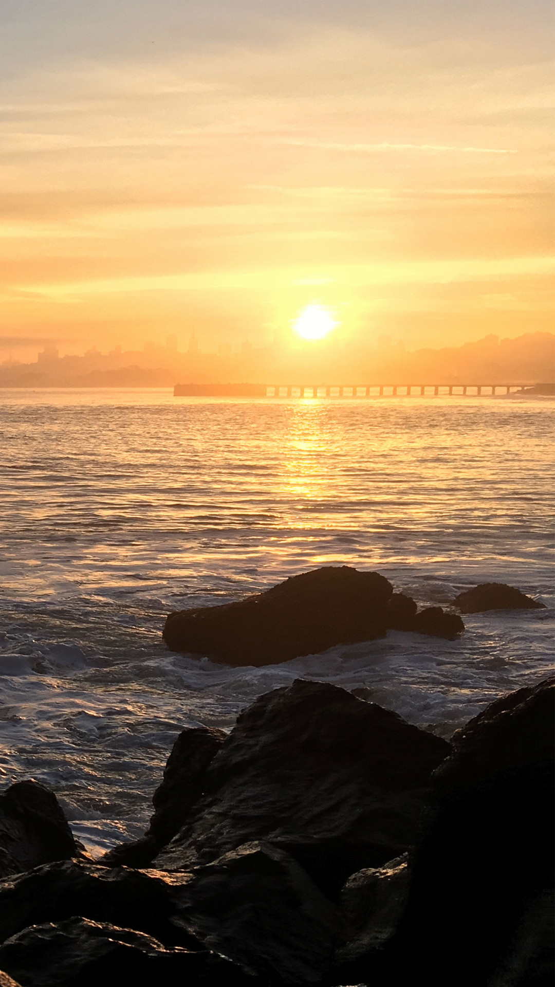 Tramonto, Mare, Scogli, Oro, immagine di sfondo iPhone