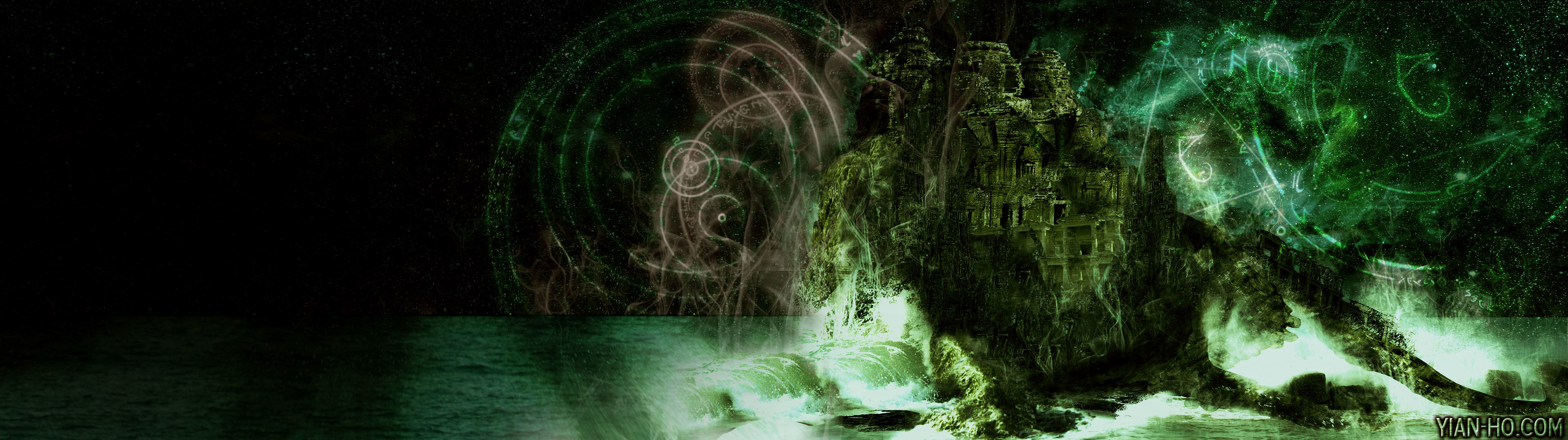 Cthulhu, Verde, Arte digitale, 3840x1080, immagine di sfondo