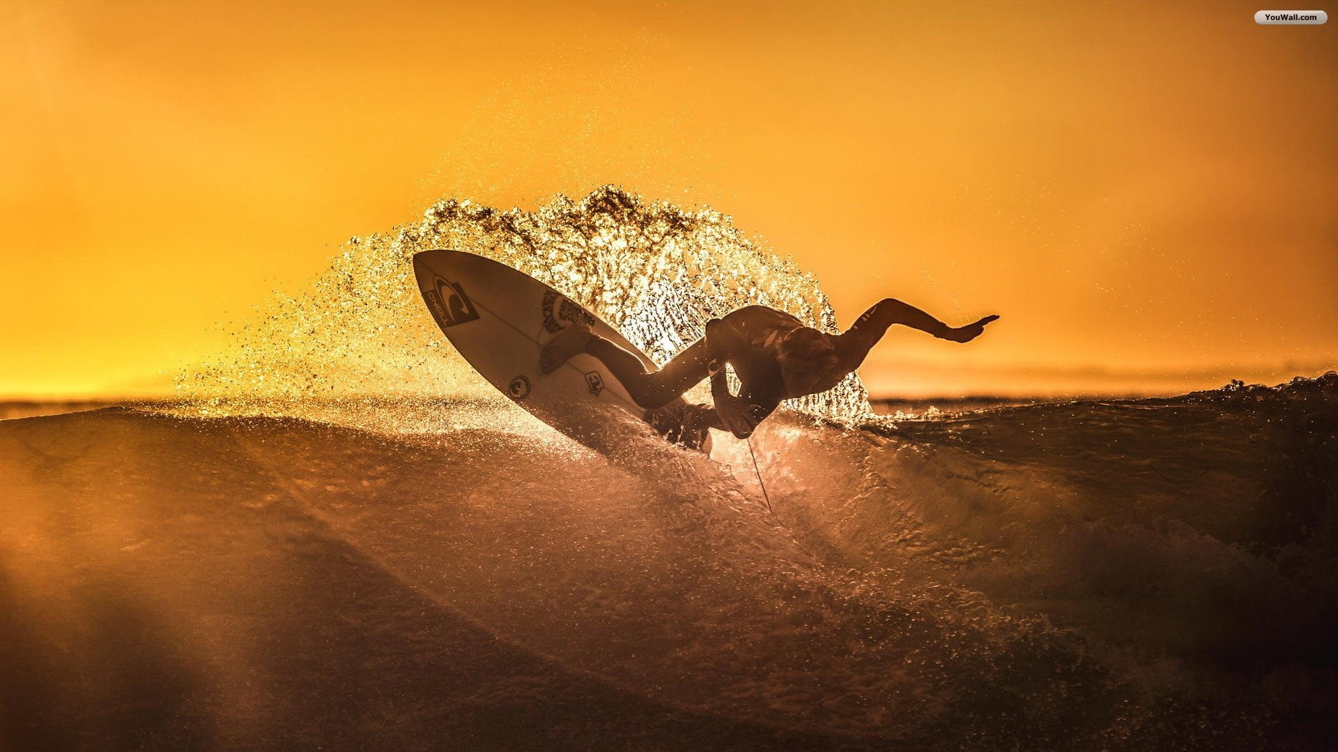 Surfista, Salto, Spruzzi, Tramonto, Oro, 16:9 Full HD, sfondo widescreen