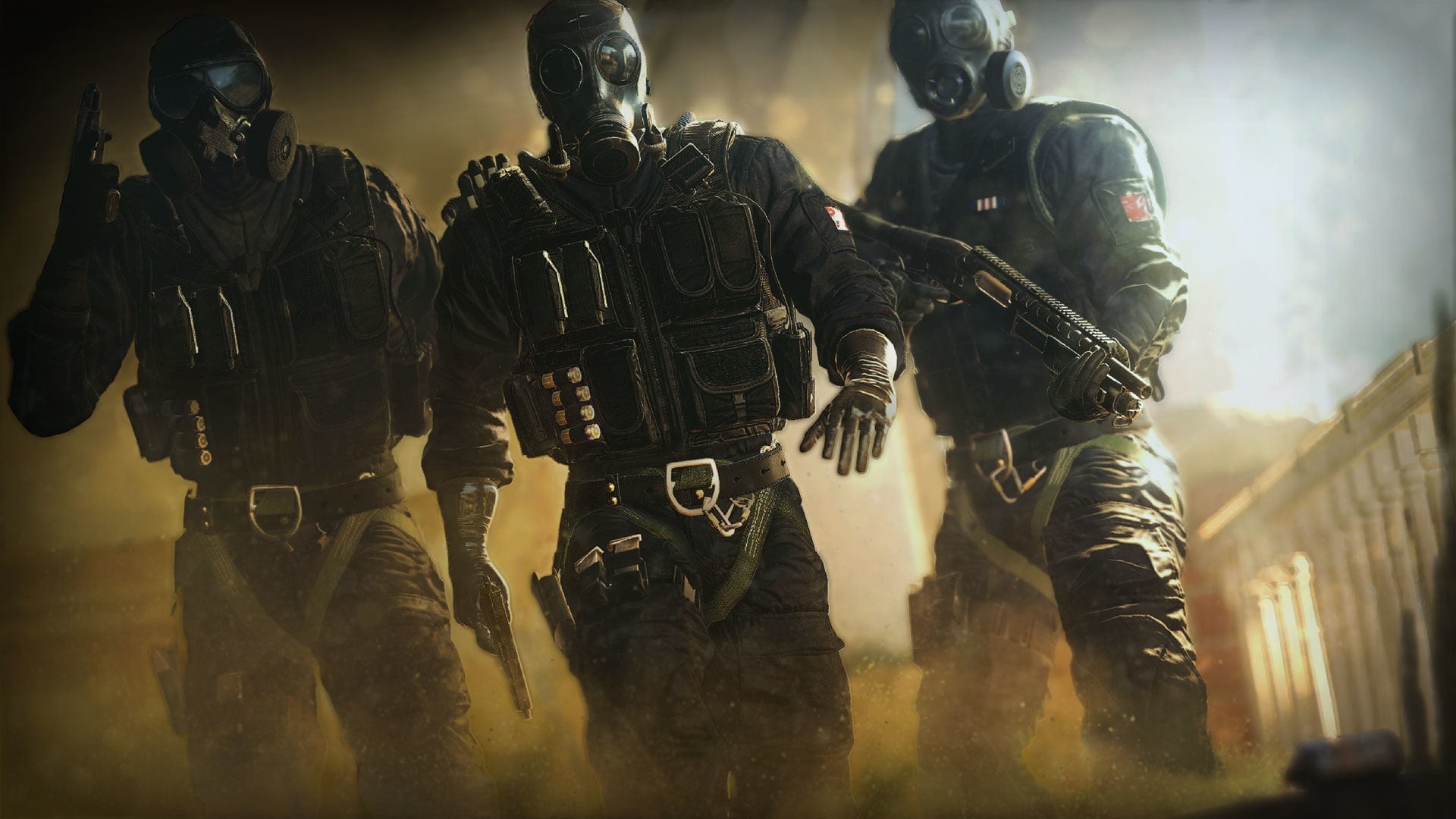 Rainbow Six Siege, Operatori, Maschere antigas, Toni seppia, 16:9 Full HD, wallpaper widescreen