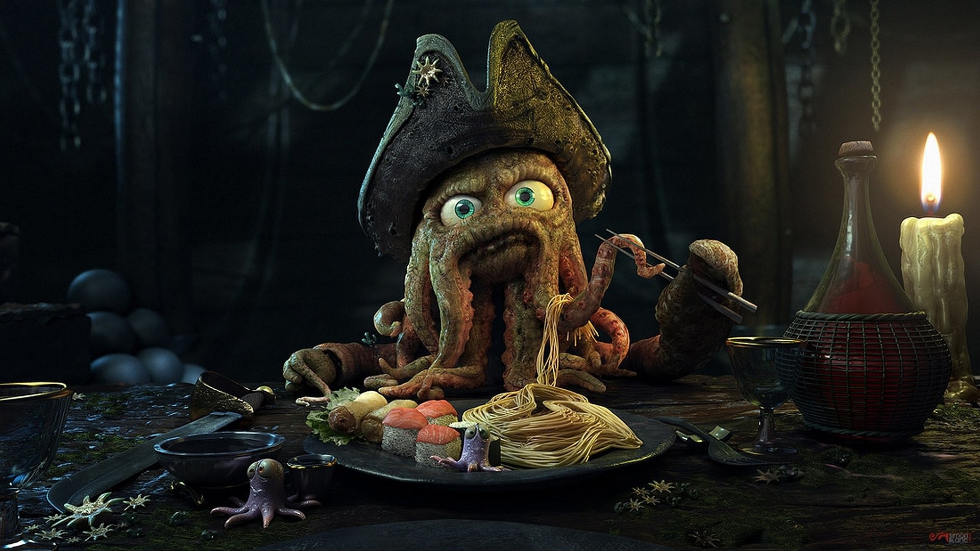 Davy Jones, Pirati dei Caraibi, Polpo, Candela, Banchetto, Full HD, sfondo Windows 11