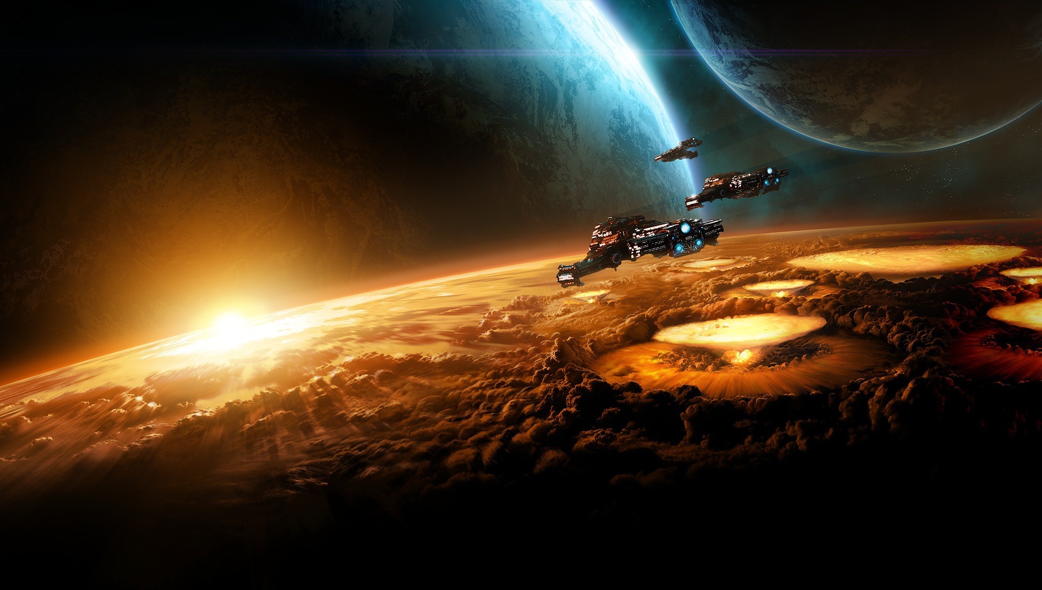 StarCraft II, Astronave terrestre, Pianeta, Spazio, Alba, 16:9 Full HD, wallpaper widescreen