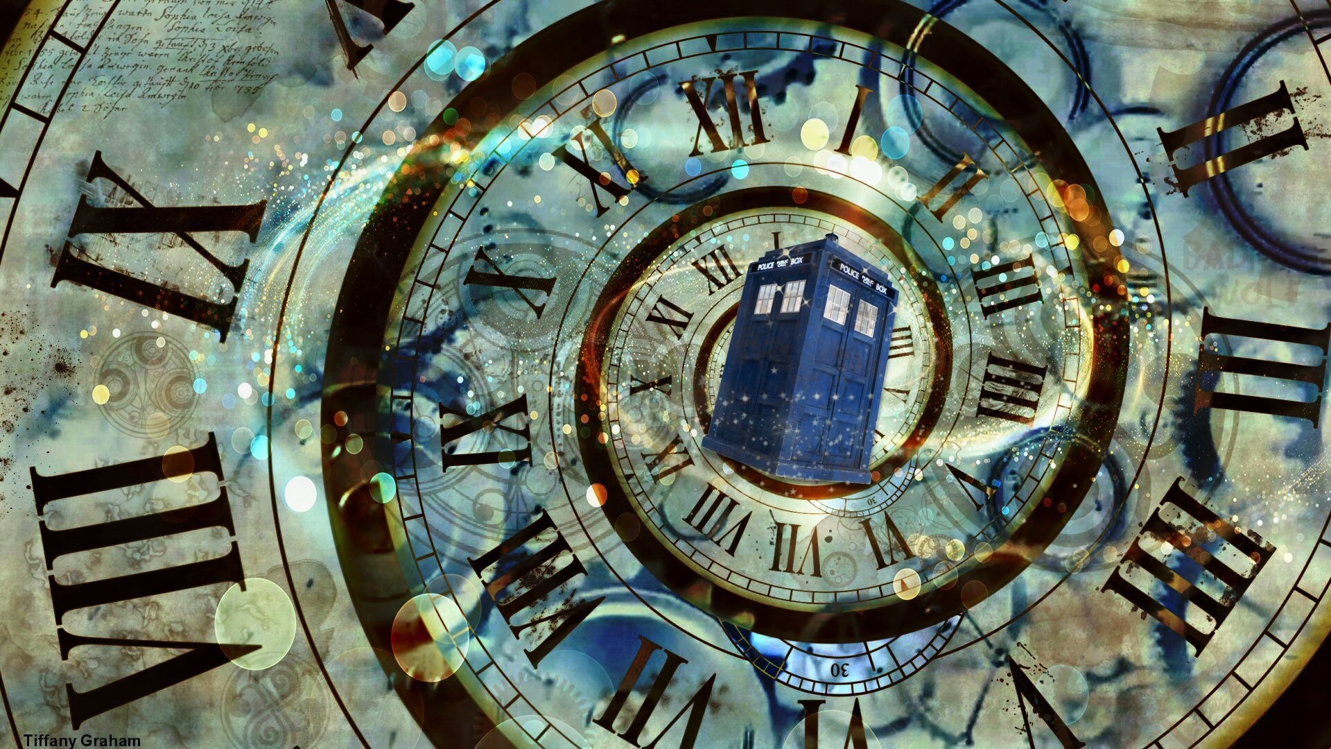 TARDIS, Doctor Who, Orologio, Numeri romani, Spirale del tempo, 1920x1080, immagine di sfondo