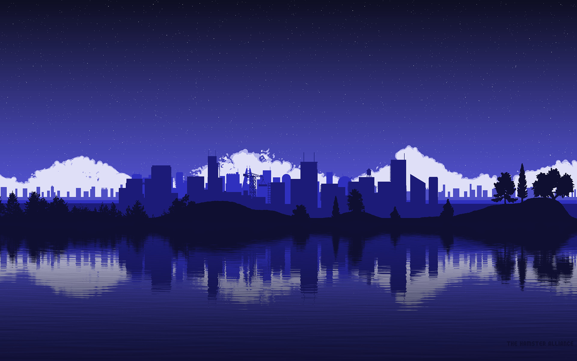 Pixel art, Skyline, Riflesso, Notte, Blu, Full HD, sfondo per portatile