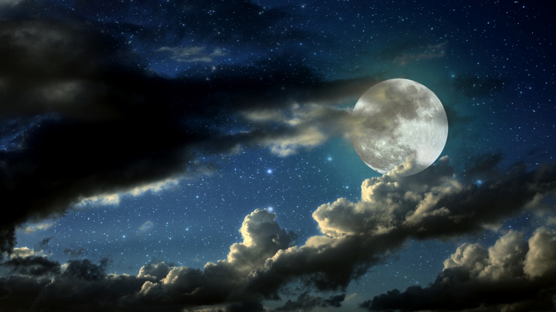 Luna piena, Notte, Nuvole, Stelle, Full HD, sfondo Windows 11