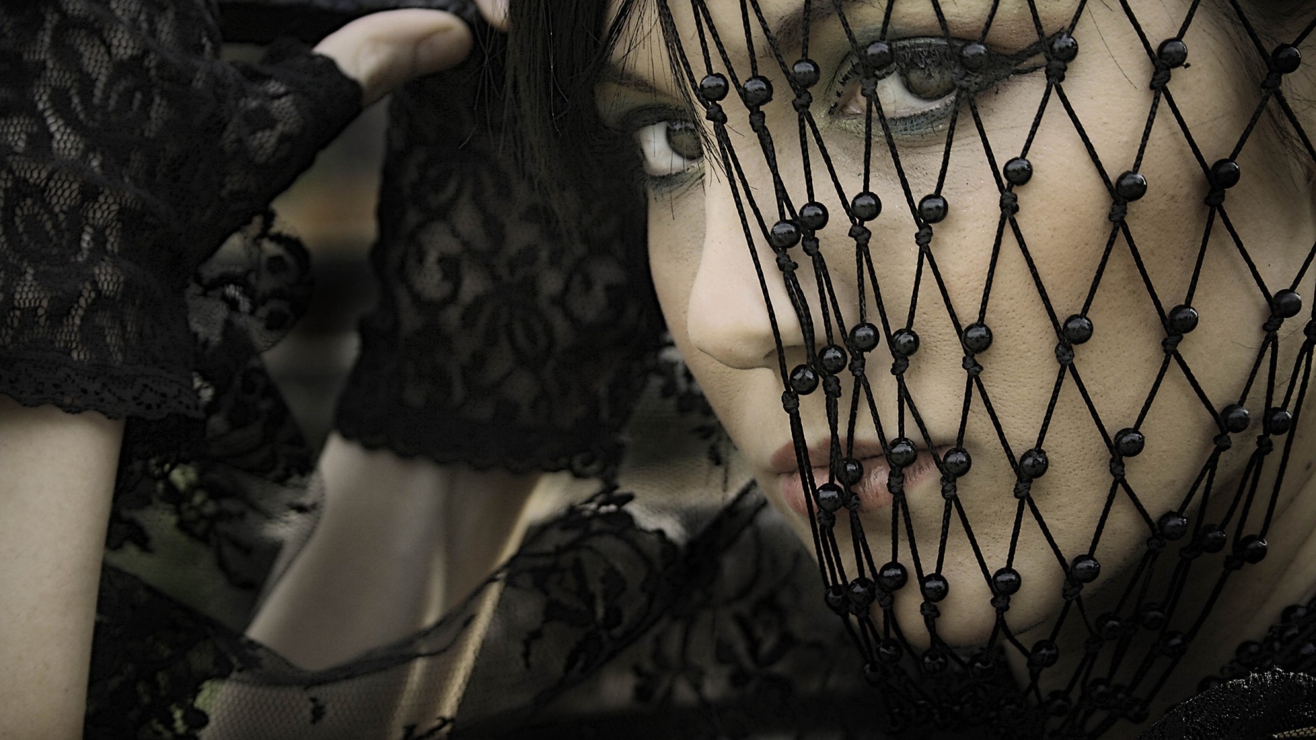 Donna, Velo a rete, Pizzo nero, Primo piano, 16:9 Full HD, sfondo widescreen