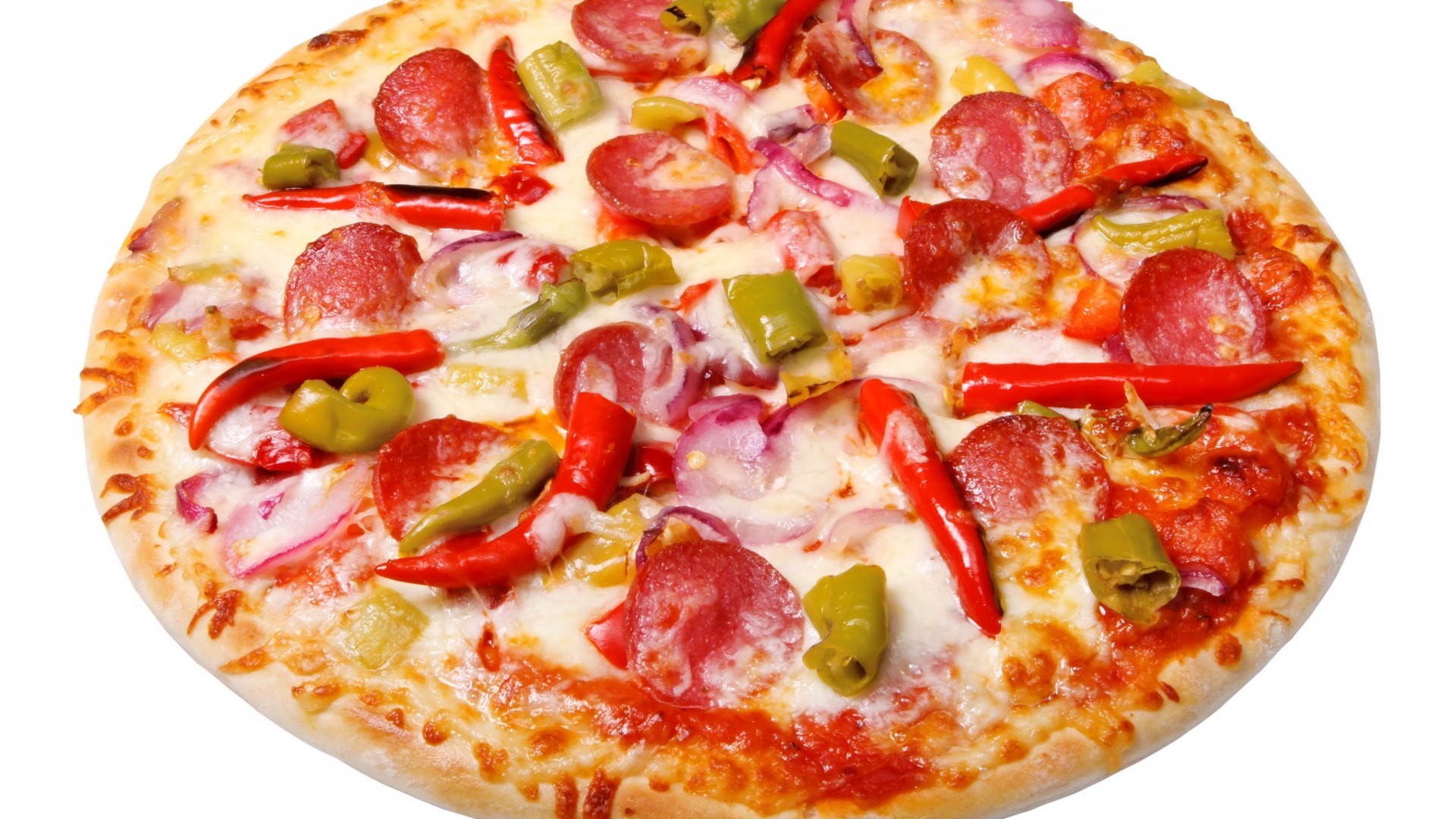 Pizza, Salame, Peperoncini, Cipolla rossa, 1920x1080, sfondo per PC